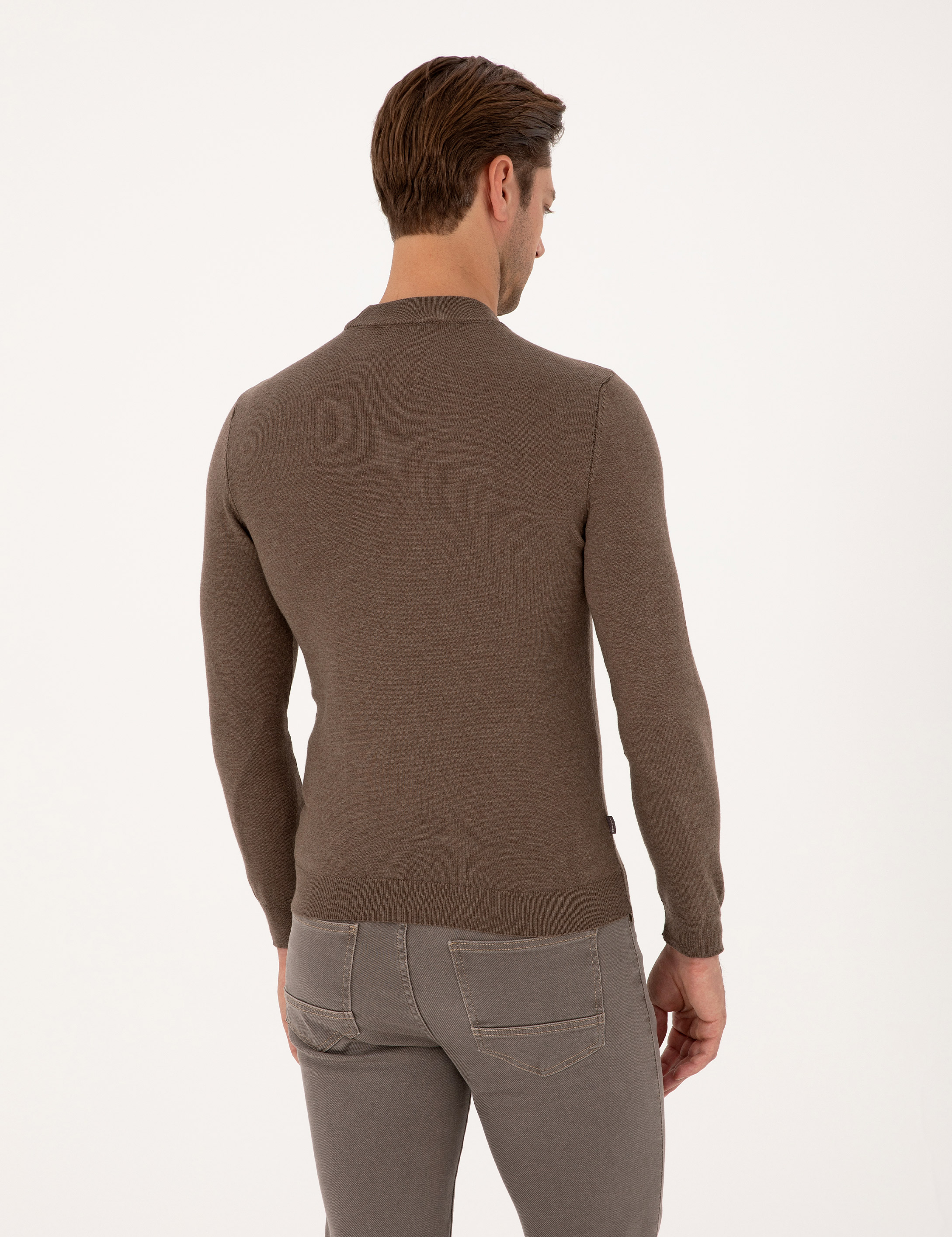 Vizon Melanj Slim Fit Çeyrek Yaka Basic Triko Kazak