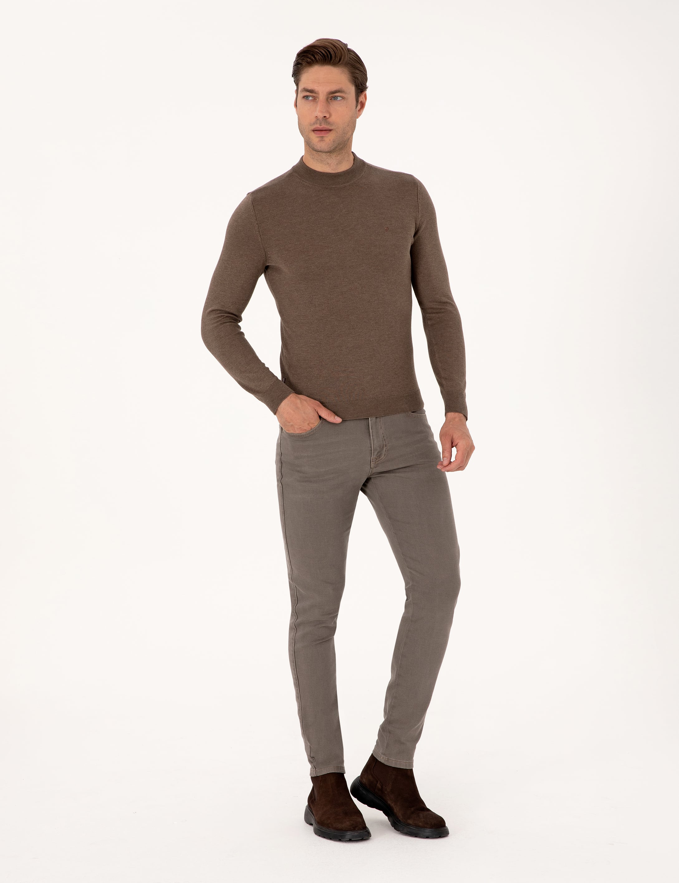 Vizon Melanj Slim Fit Çeyrek Yaka Basic Triko Kazak