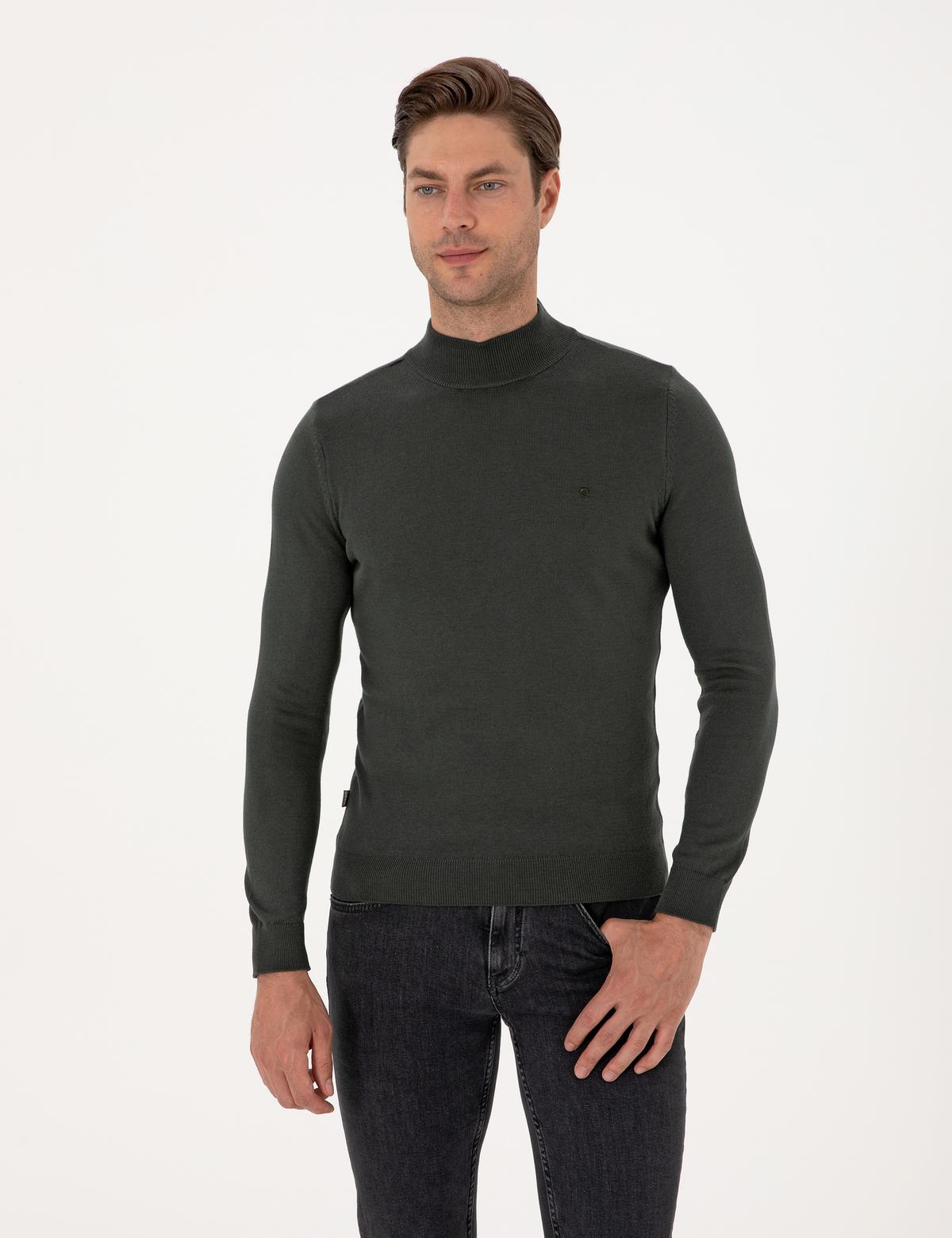 Koyu Haki Slim Fit Yarım Balıkçı Yaka Basic Triko Kazak