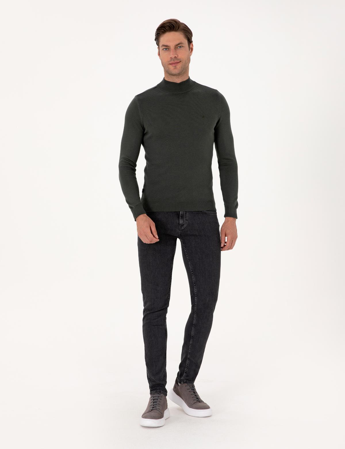 Koyu Haki Slim Fit Yarım Balıkçı Yaka Basic Triko Kazak - 50314176097