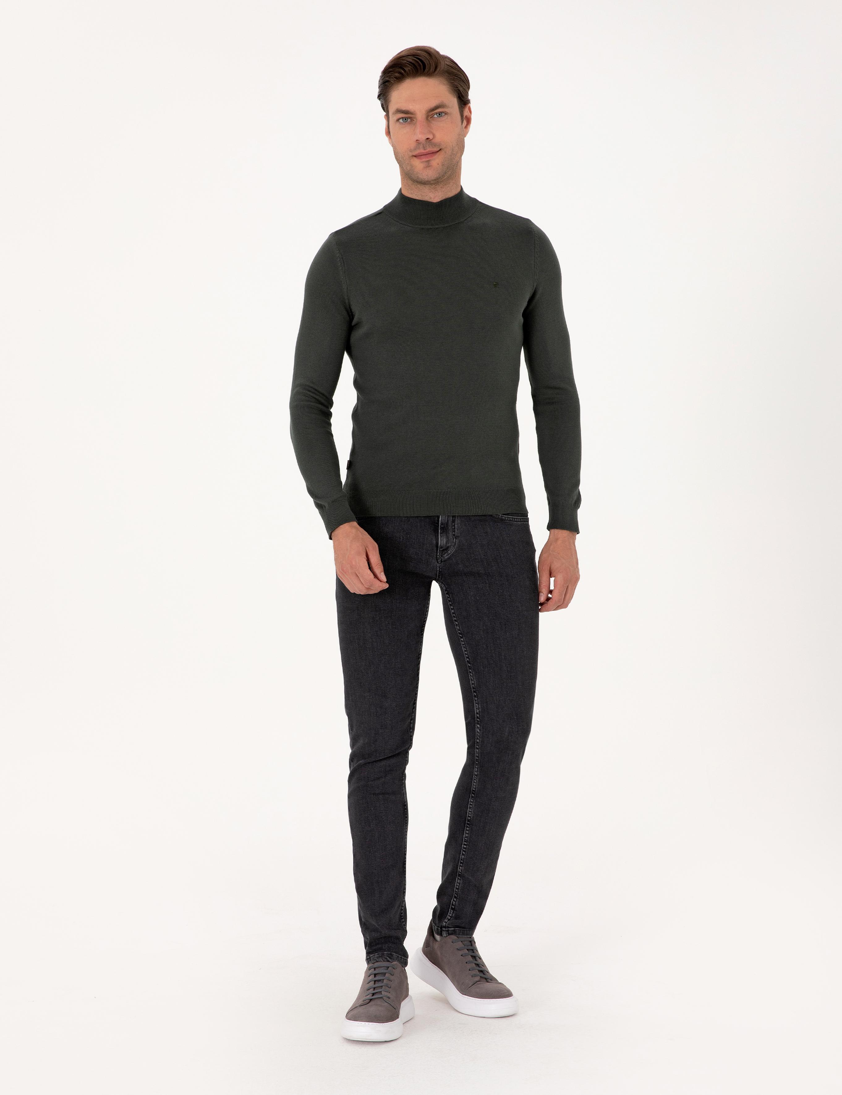 Koyu Haki Slim Fit Yarım Balıkçı Yaka Basic Triko Kazak