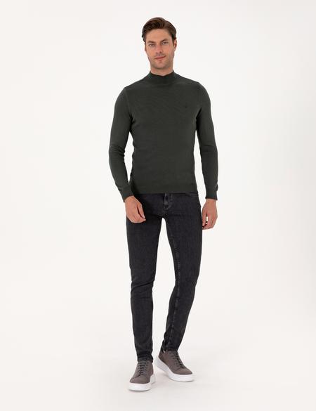 Koyu Haki Slim Fit Yarım Balıkçı Yaka Basic Triko Kazak - 50314176097