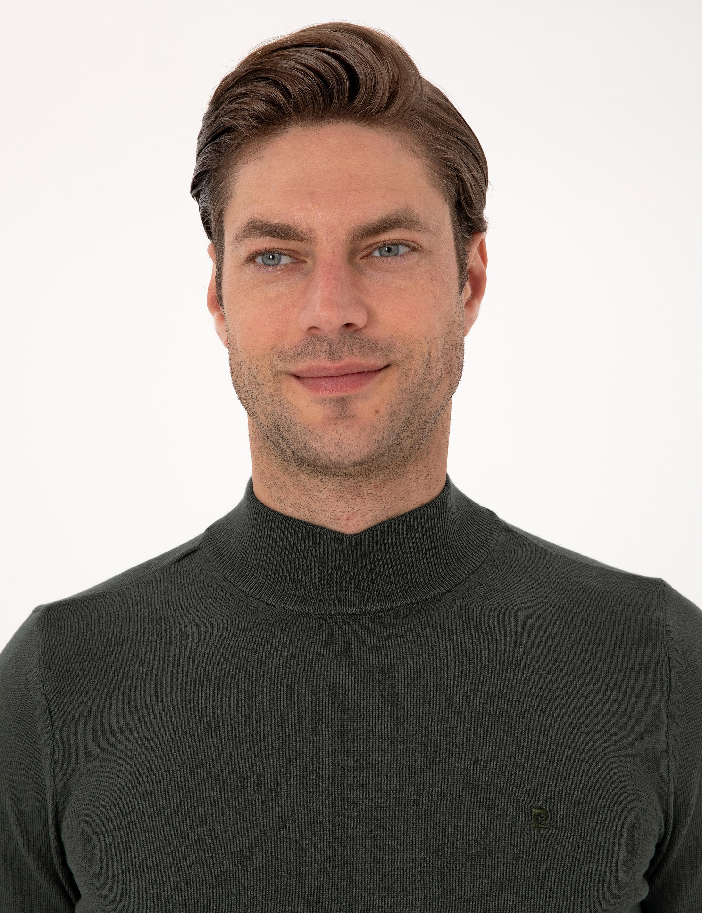 Koyu Haki Slim Fit Yarım Balıkçı Yaka Basic Triko Kazak