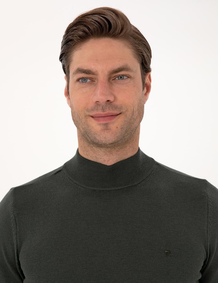 Koyu Haki Slim Fit Yarım Balıkçı Yaka Basic Triko Kazak