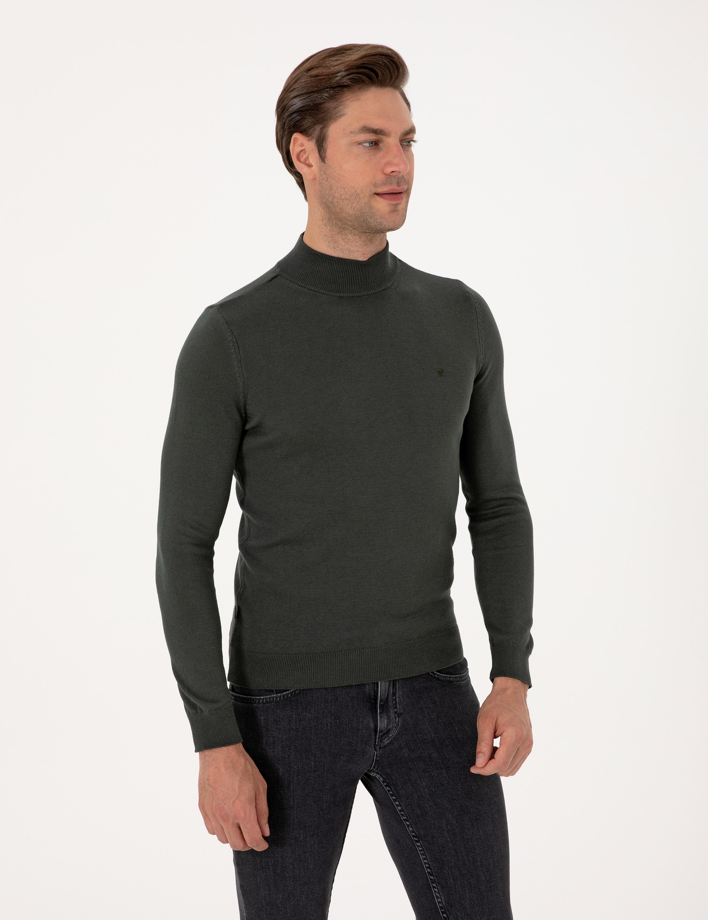 Koyu Haki Slim Fit Yarım Balıkçı Yaka Basic Triko Kazak