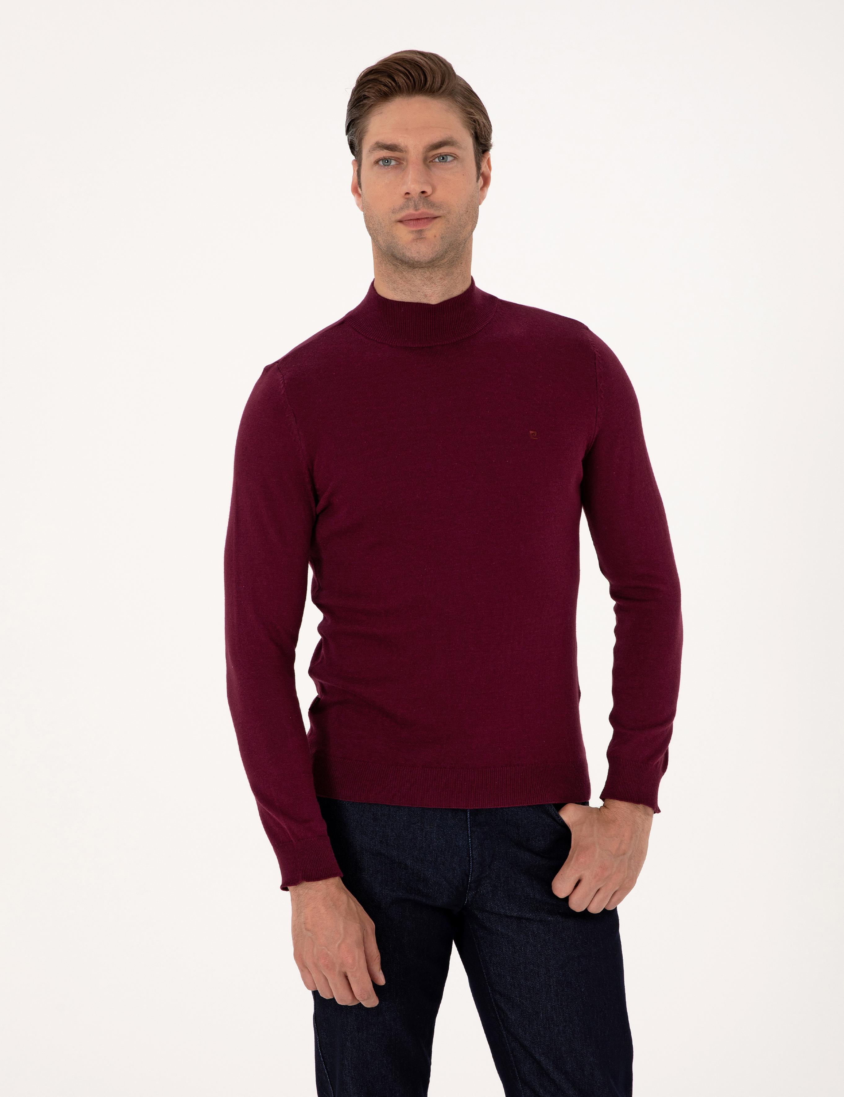 Bordo Slim Fit Yarım Balıkçı Yaka Basic Triko Kazak