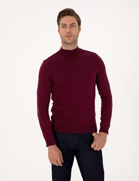 Bordo Slim Fit Yarım Balıkçı Yaka Basic Triko Kazak - 50314176137