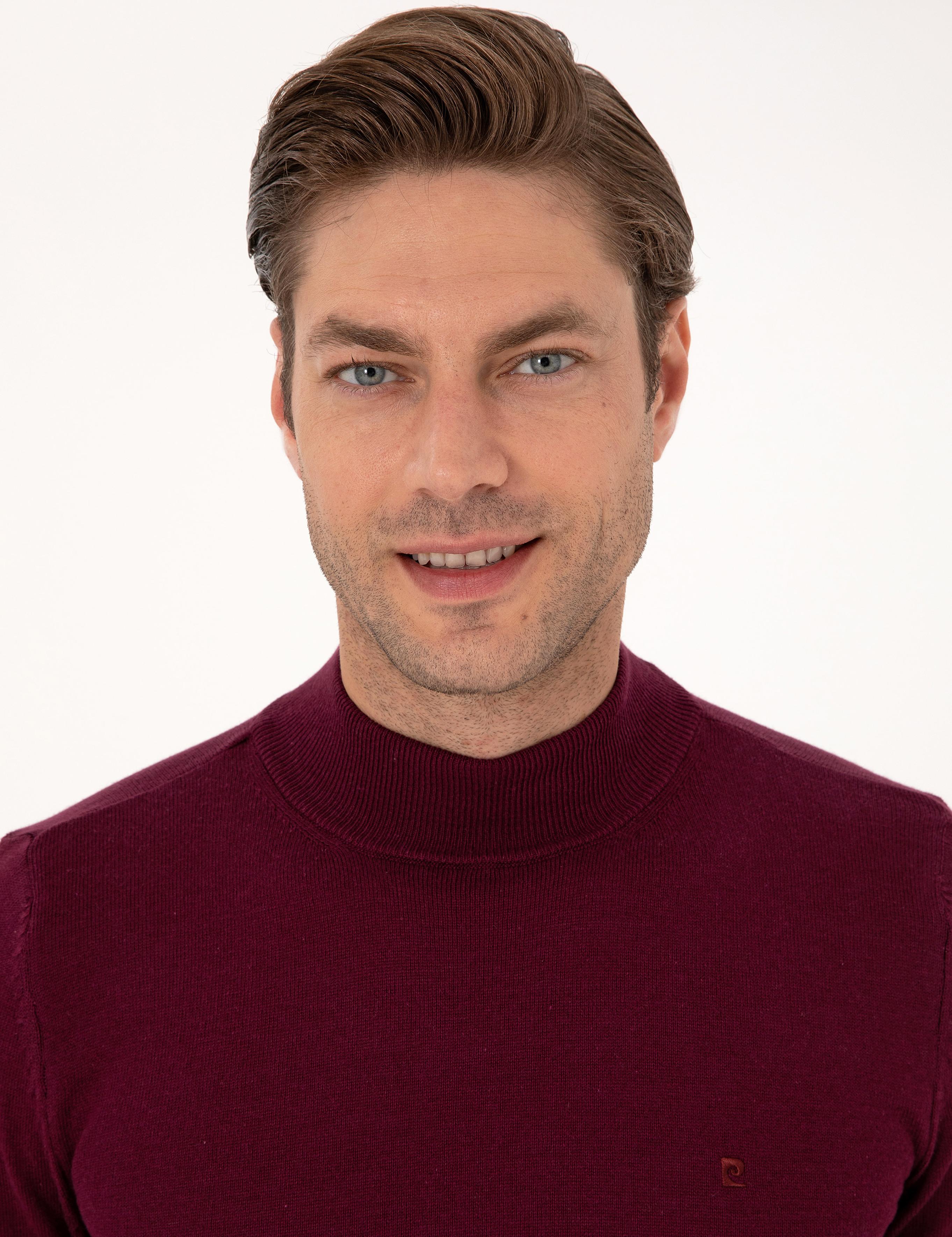 Bordo Slim Fit Yarım Balıkçı Yaka Basic Triko Kazak