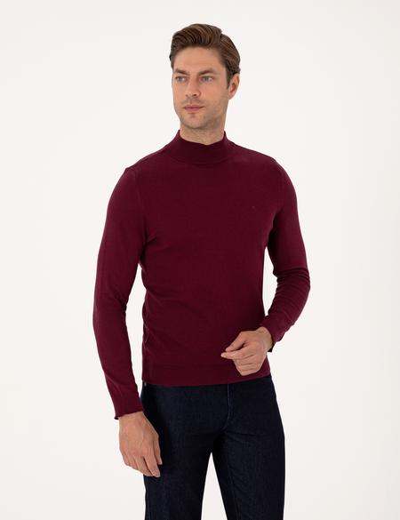 Bordo Slim Fit Yarım Balıkçı Yaka Basic Triko Kazak - 50314176137