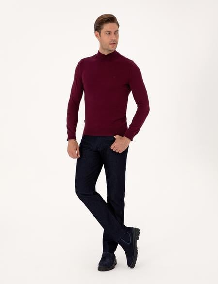 Bordo Slim Fit Yarım Balıkçı Yaka Basic Triko Kazak - 50314176137