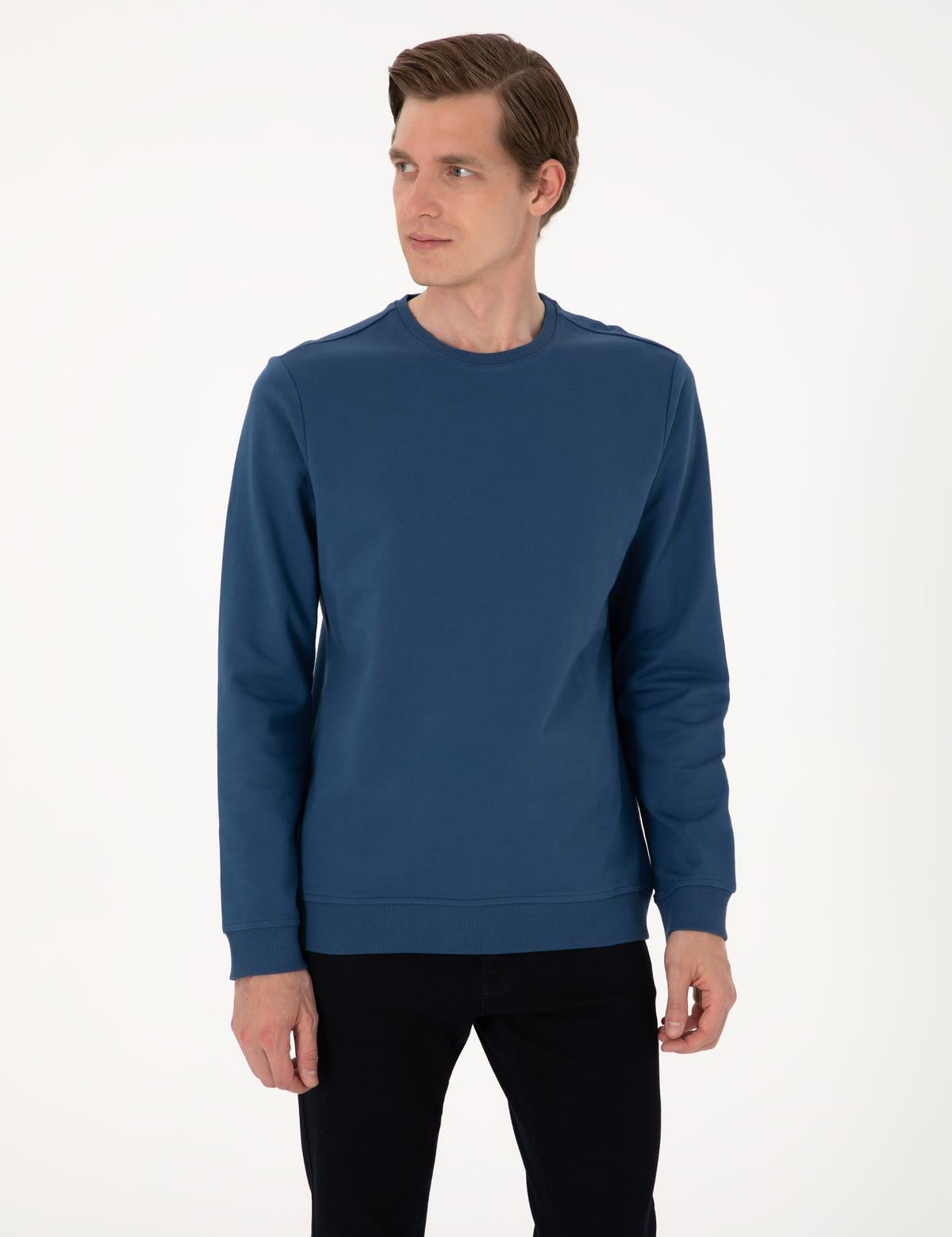 Açık Lacivert 2 İplik Regular Fit Bisiklet Yaka Basic Sweatshirt - 50314054146