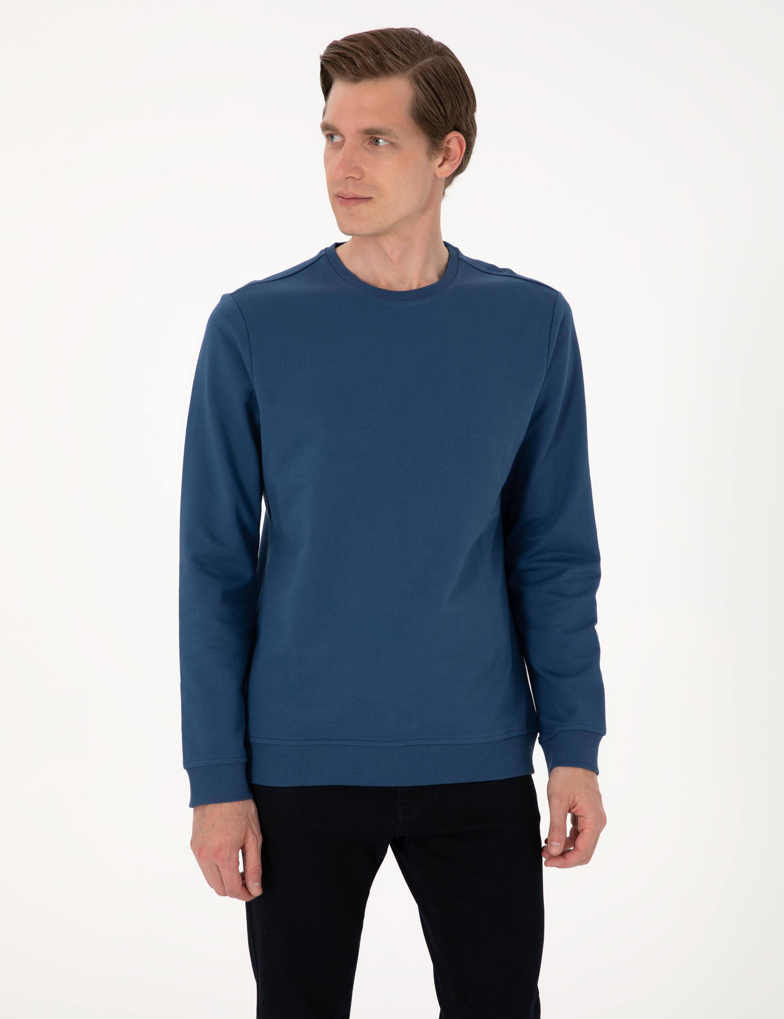Açık Lacivert 2 İplik Regular Fit Bisiklet Yaka Basic Sweatshirt