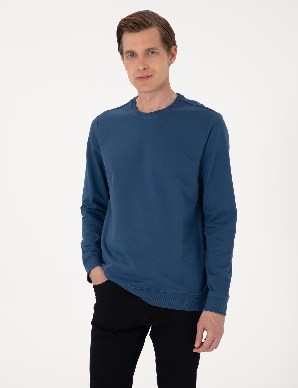 Açık Lacivert 2 İplik Regular Fit Bisiklet Yaka Basic Sweatshirt