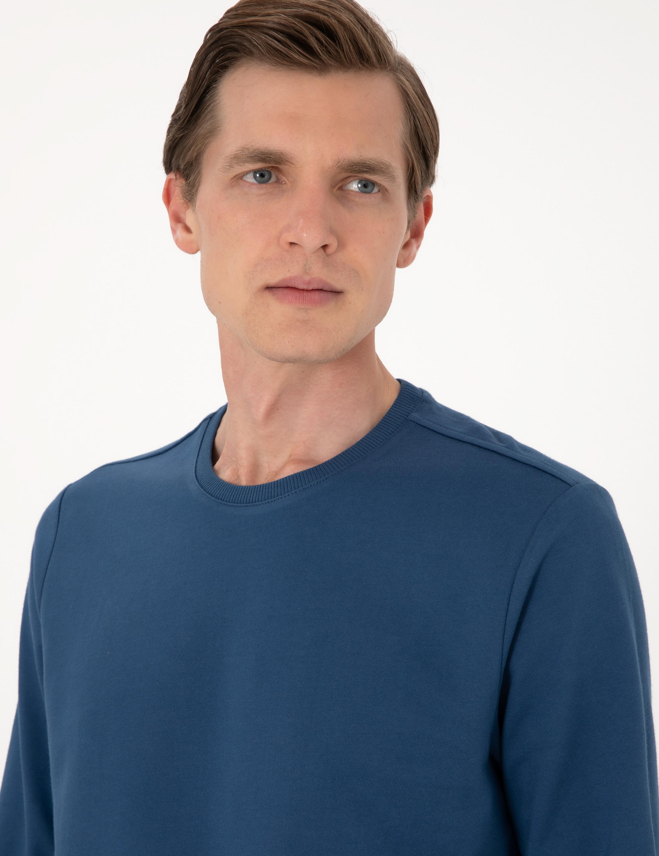 Açık Lacivert 2 İplik Regular Fit Bisiklet Yaka Basic Sweatshirt