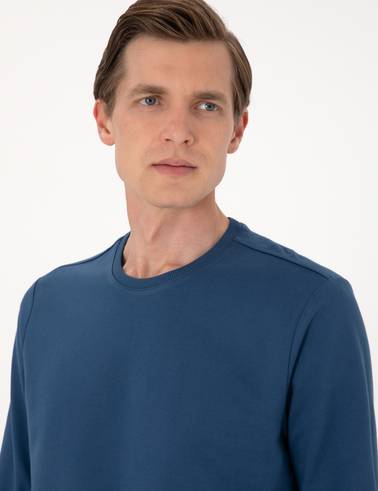 Açık Lacivert 2 İplik Regular Fit Bisiklet Yaka Basic Sweatshirt
