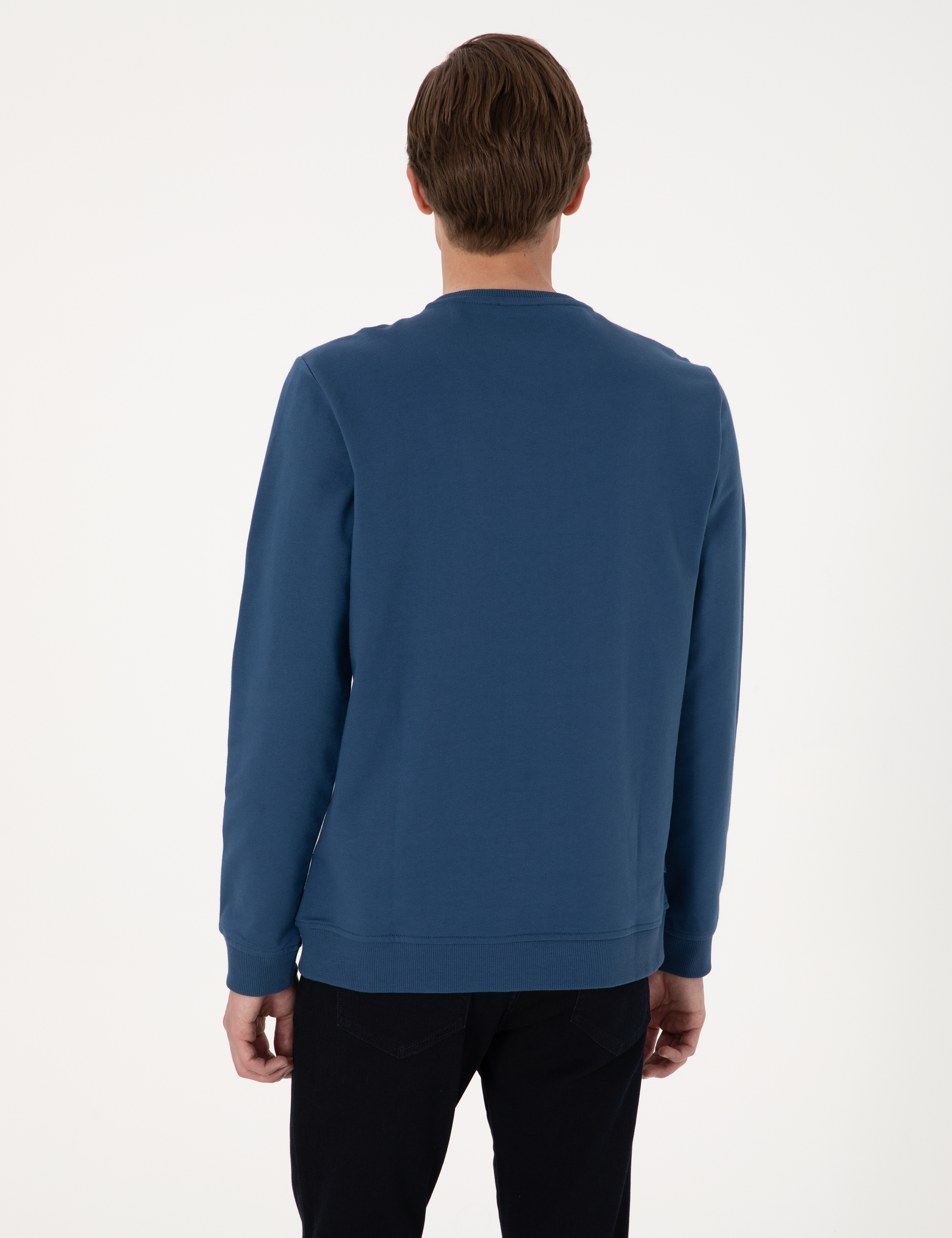Açık Lacivert 2 İplik Regular Fit Bisiklet Yaka Basic Sweatshirt - Image 5