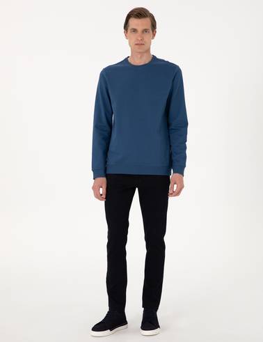 Açık Lacivert 2 İplik Regular Fit Bisiklet Yaka Basic Sweatshirt