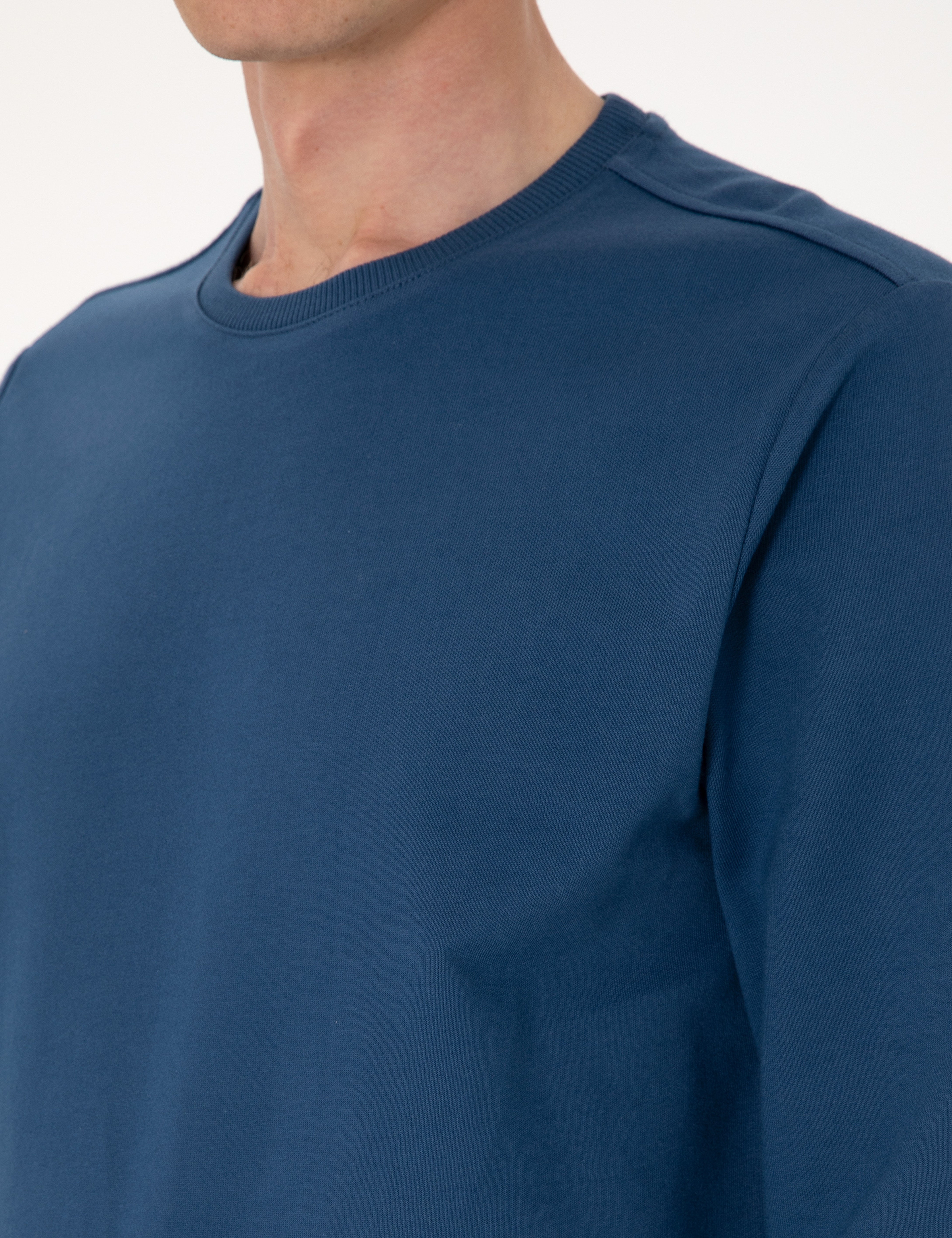 Açık Lacivert 2 İplik Regular Fit Bisiklet Yaka Basic Sweatshirt - Image 7