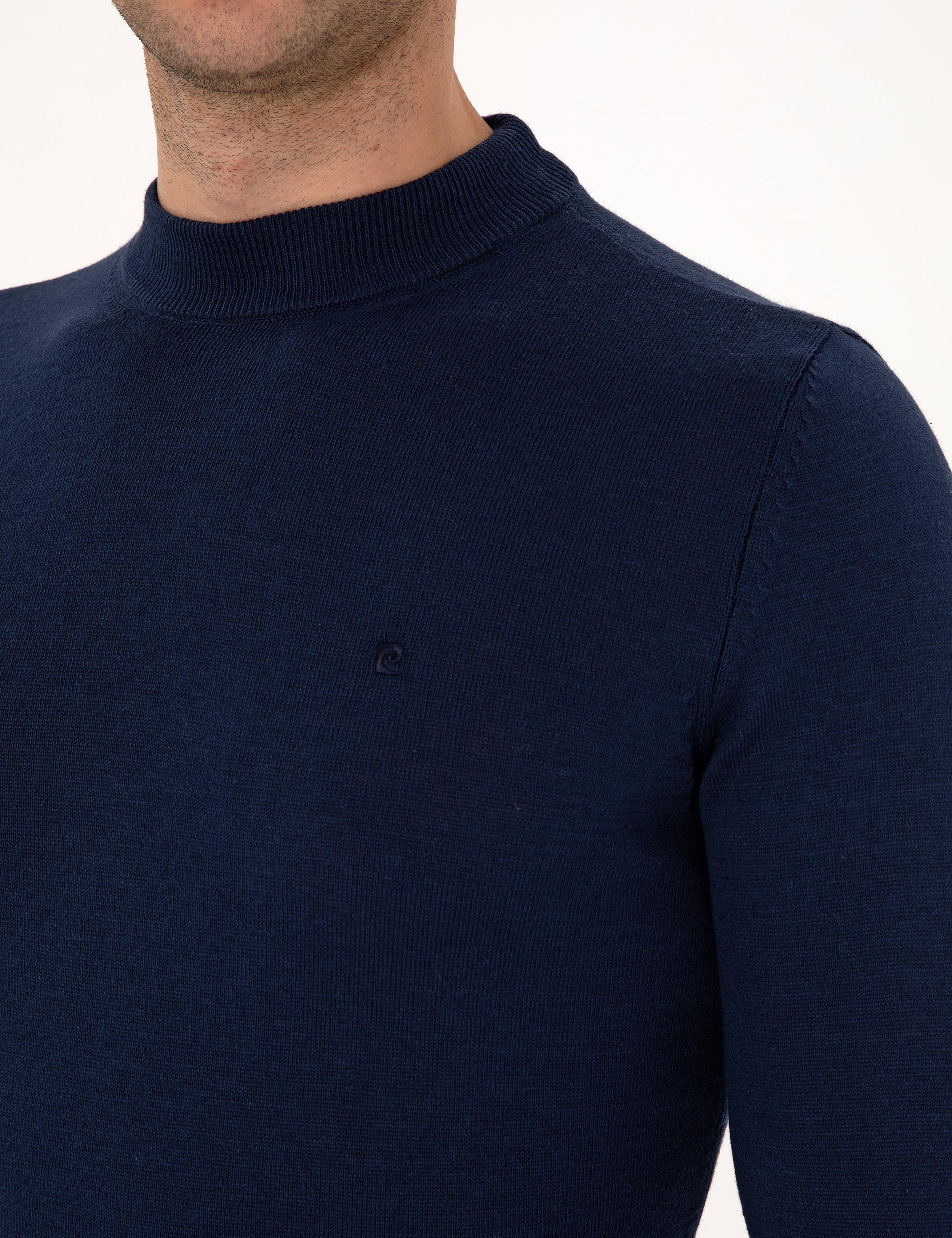 Açık Lacivert Slim Fit Çeyrek Yaka Basic Triko Kazak