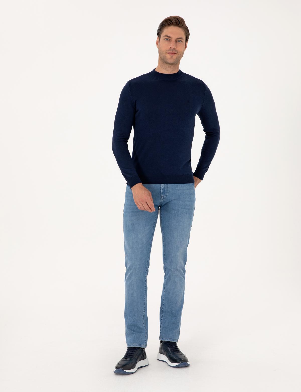 Açık Lacivert Slim Fit Çeyrek Yaka Basic Triko Kazak - 50314188038