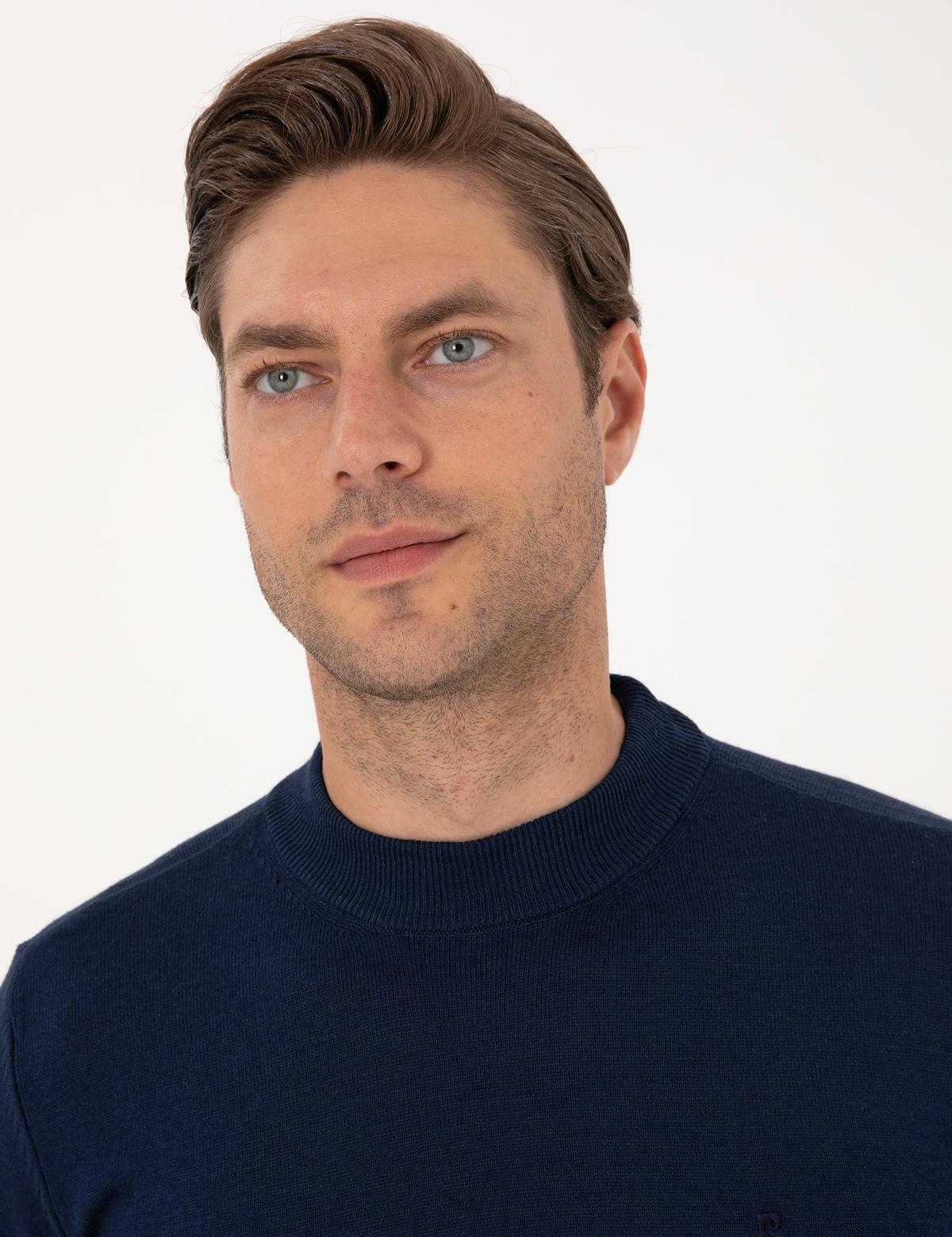 Açık Lacivert Slim Fit Çeyrek Yaka Basic Triko Kazak - 50314188038