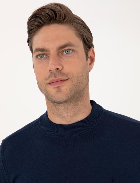 Açık Lacivert Slim Fit Çeyrek Yaka Basic Triko Kazak - 50314188038