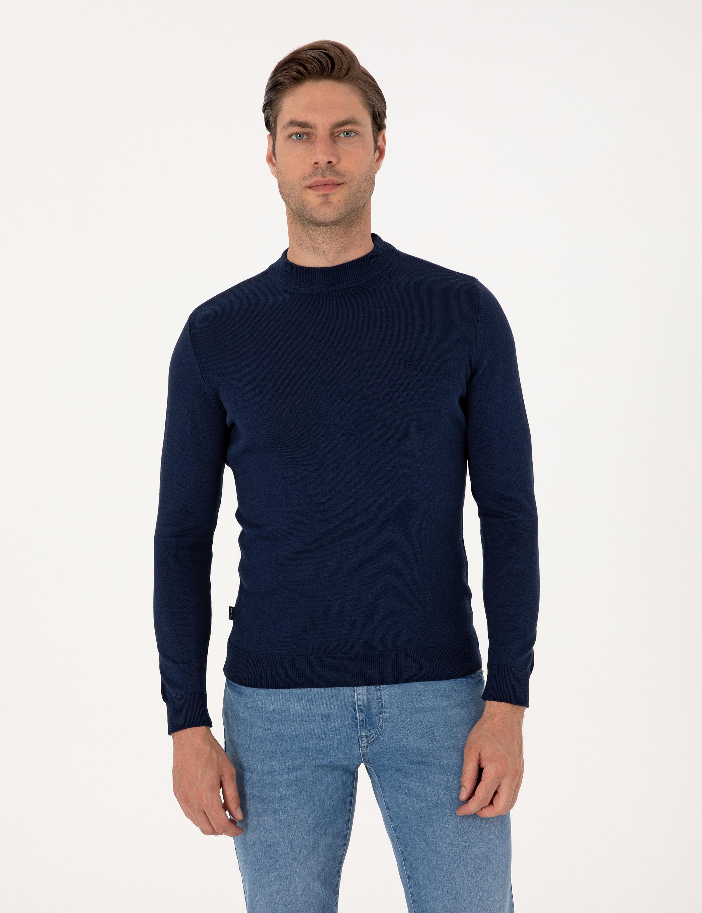 Açık Lacivert Slim Fit Çeyrek Yaka Basic Triko Kazak