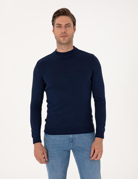 Açık Lacivert Slim Fit Çeyrek Yaka Basic Triko Kazak - 50314188038