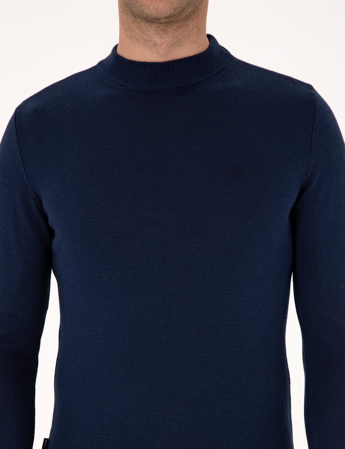 Açık Lacivert Slim Fit Çeyrek Yaka Basic Triko Kazak - 50314188038