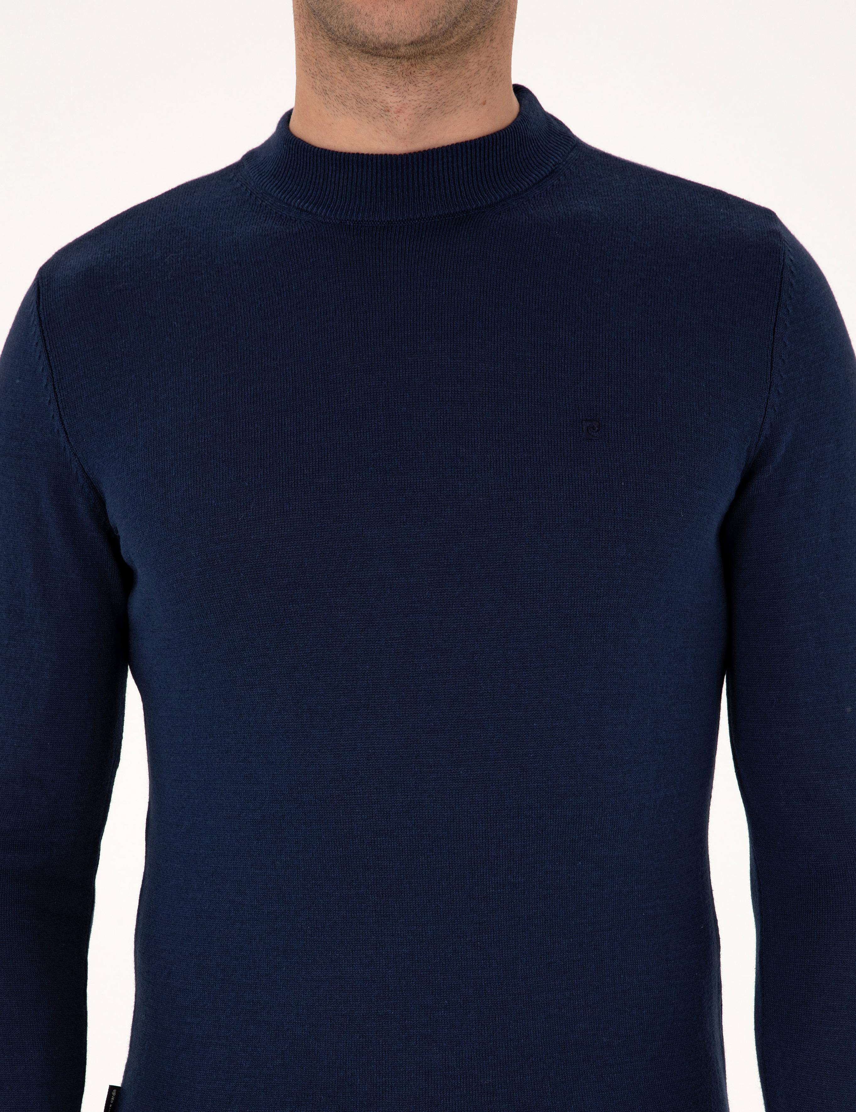 Açık Lacivert Slim Fit Çeyrek Yaka Basic Triko Kazak