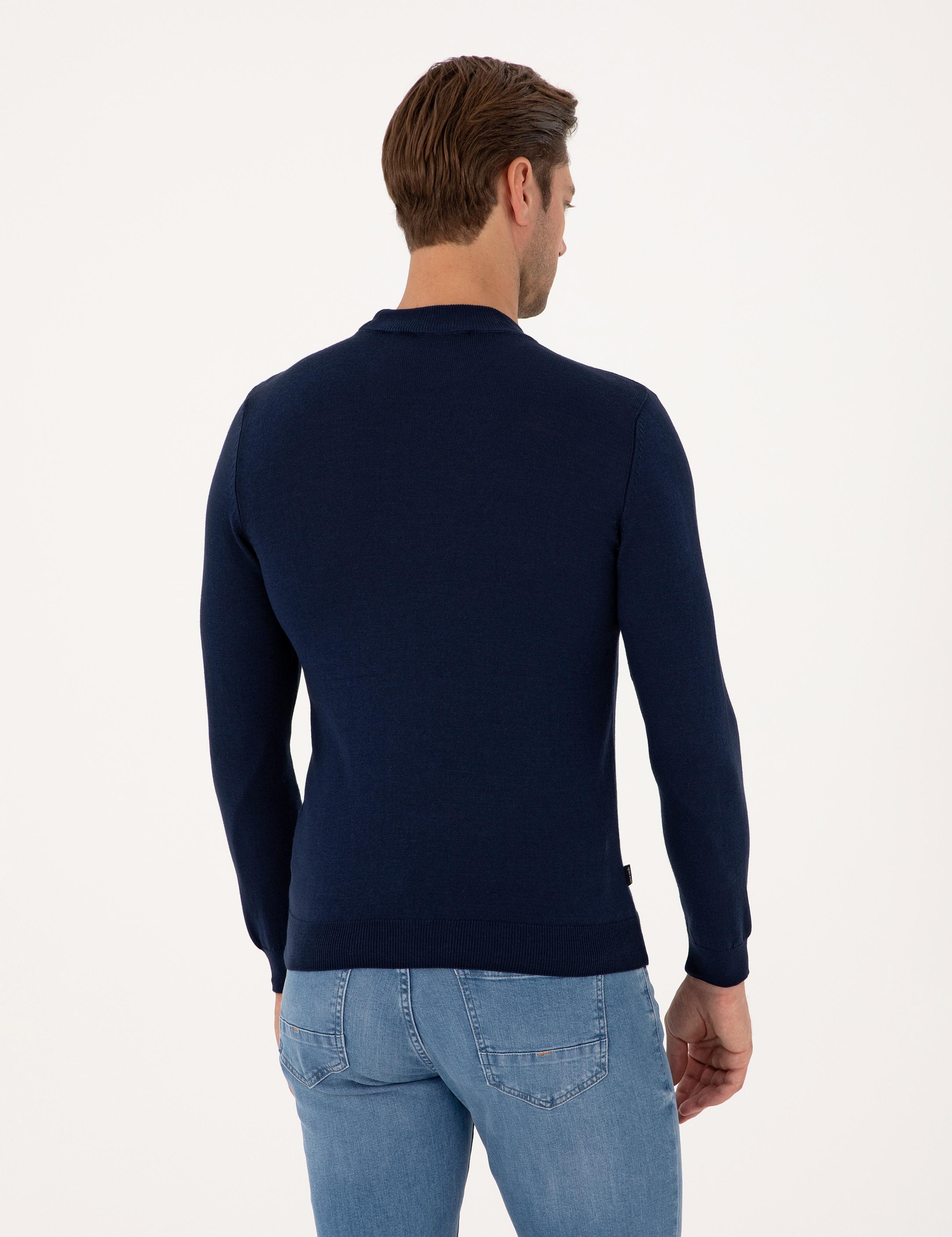 Açık Lacivert Slim Fit Çeyrek Yaka Basic Triko Kazak