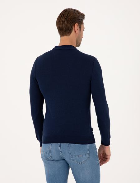 Açık Lacivert Slim Fit Çeyrek Yaka Basic Triko Kazak - 50314188038