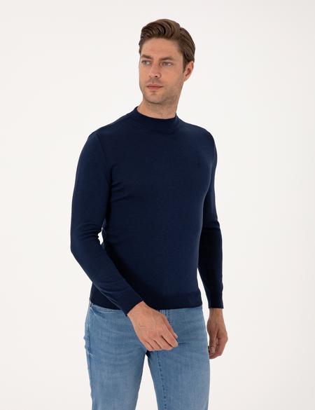 Açık Lacivert Slim Fit Çeyrek Yaka Basic Triko Kazak - 50314188038