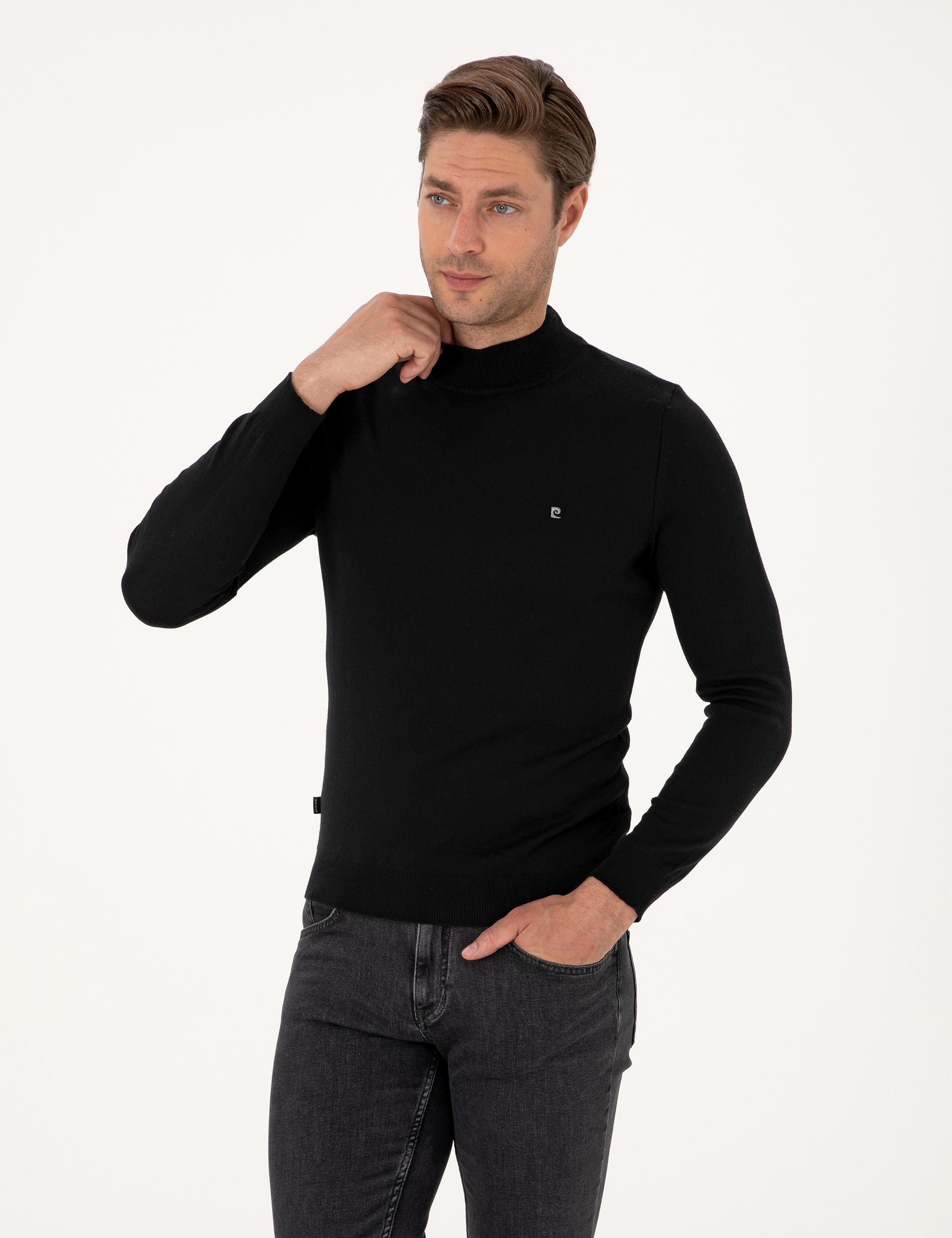 Siyah Slim Fit Yarım Balıkçı Yaka Basic Triko Kazak