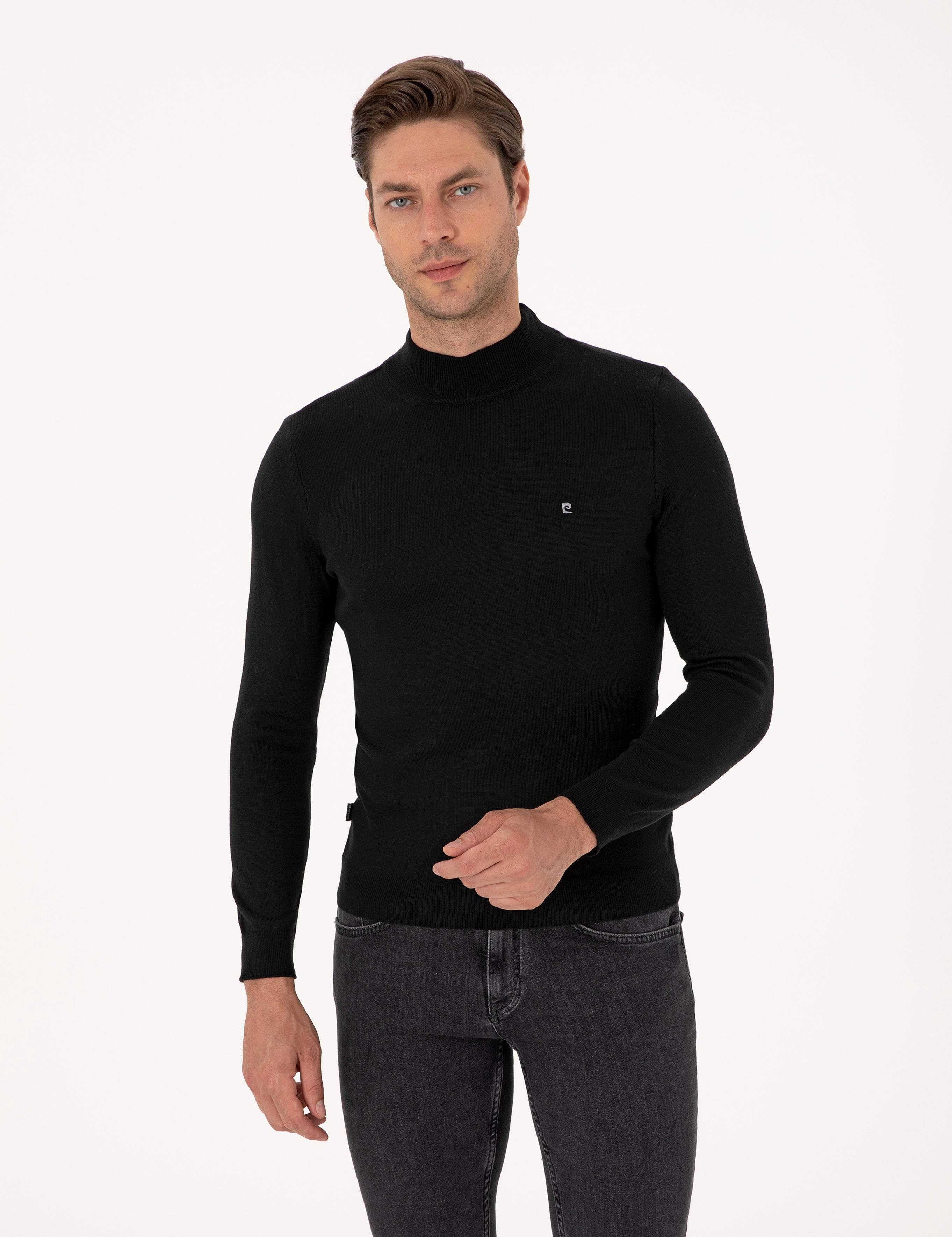 Siyah Slim Fit Yarım Balıkçı Yaka Basic Triko Kazak