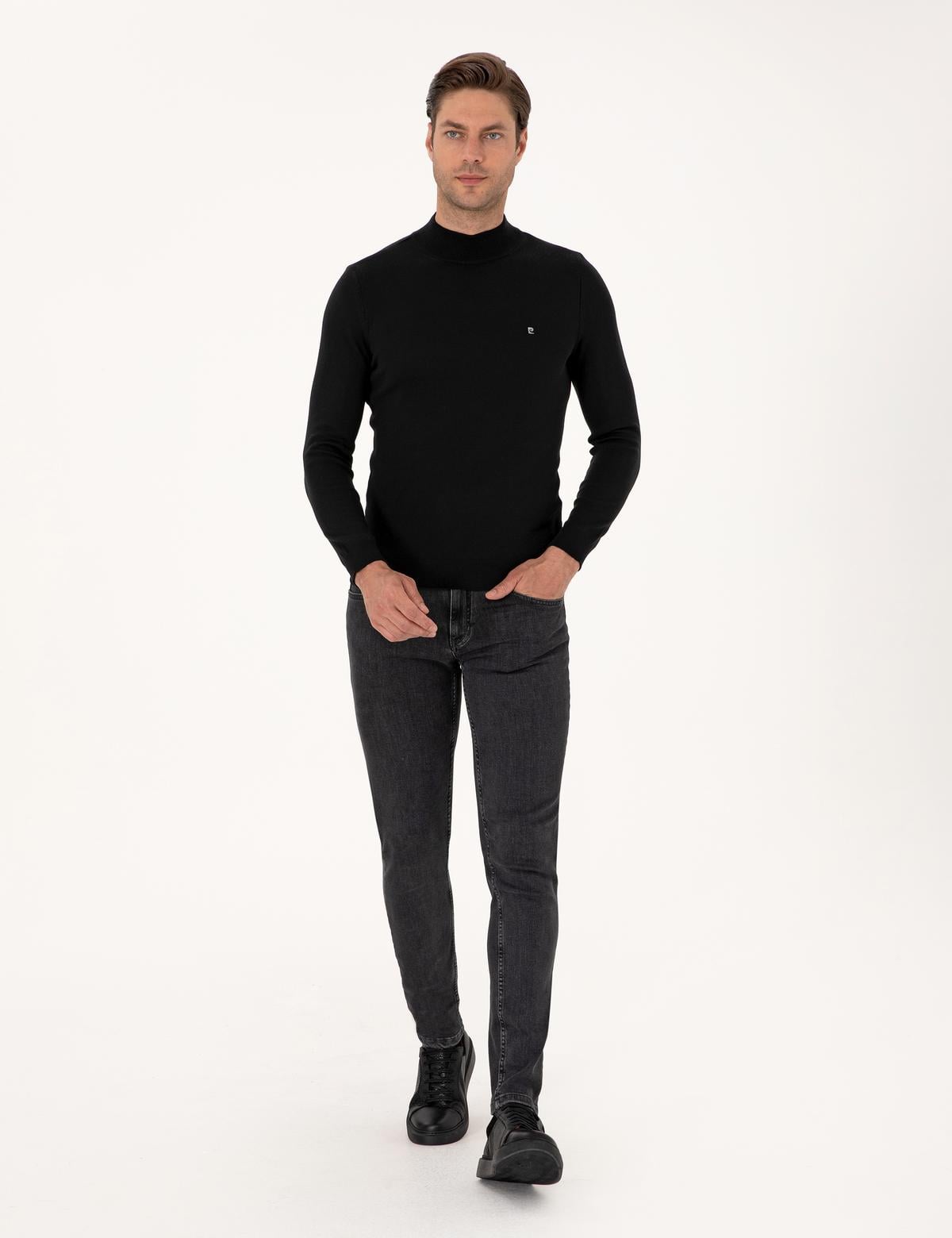 Siyah Slim Fit Yarım Balıkçı Yaka Basic Triko Kazak - 50314176018