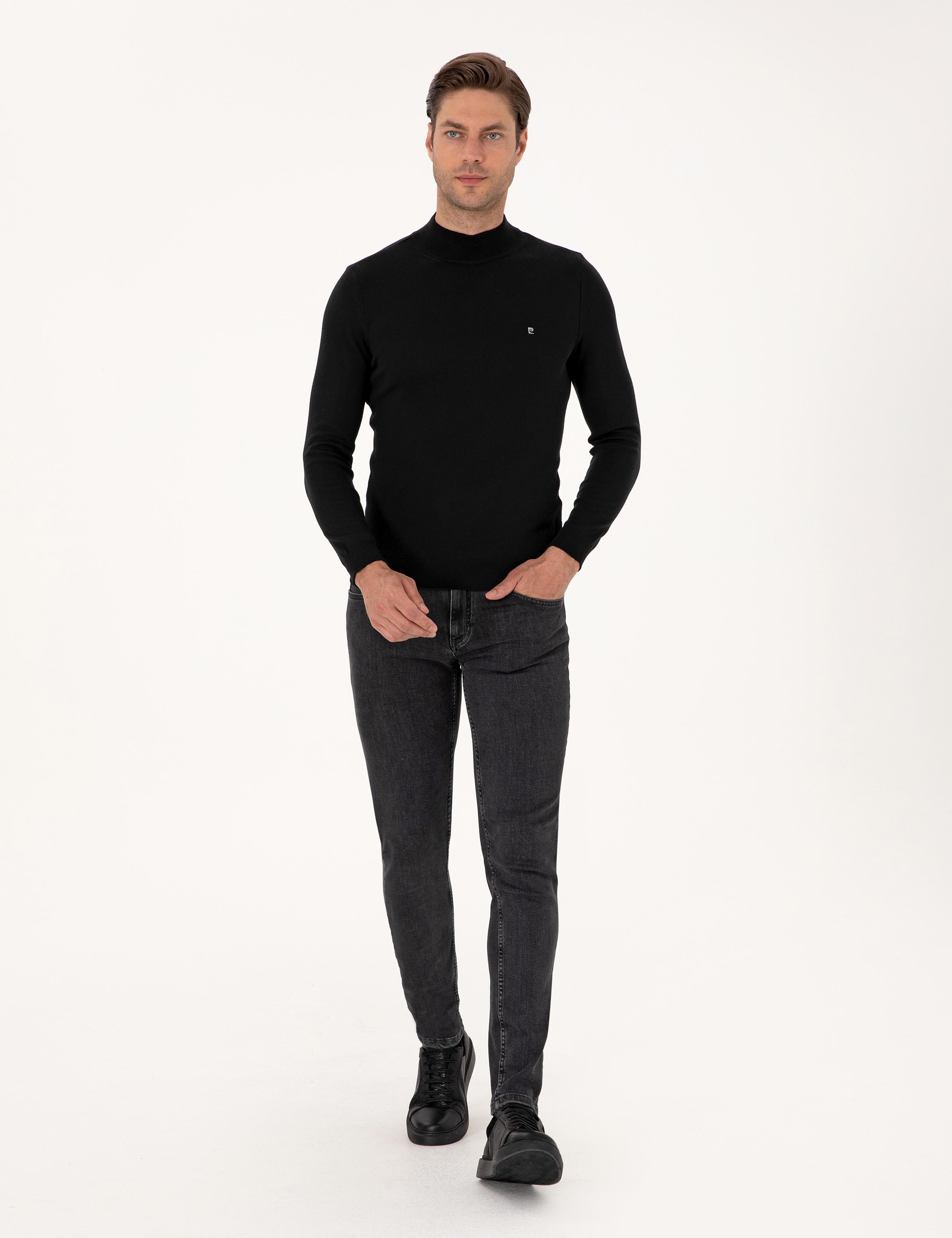 Siyah Slim Fit Yarım Balıkçı Yaka Basic Triko Kazak