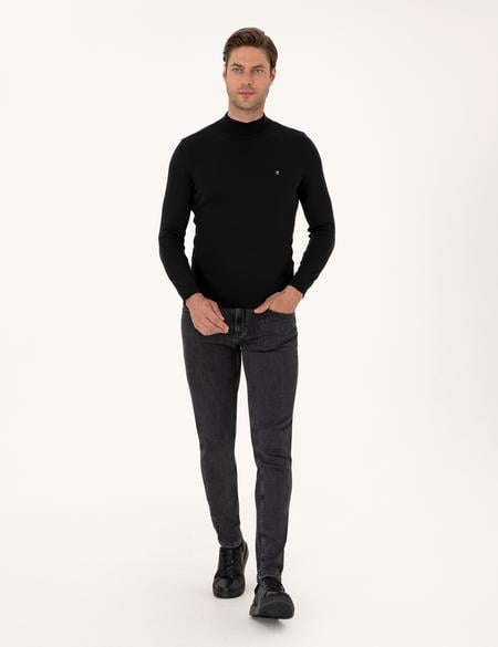 Siyah Slim Fit Yarım Balıkçı Yaka Basic Triko Kazak - 50314176018