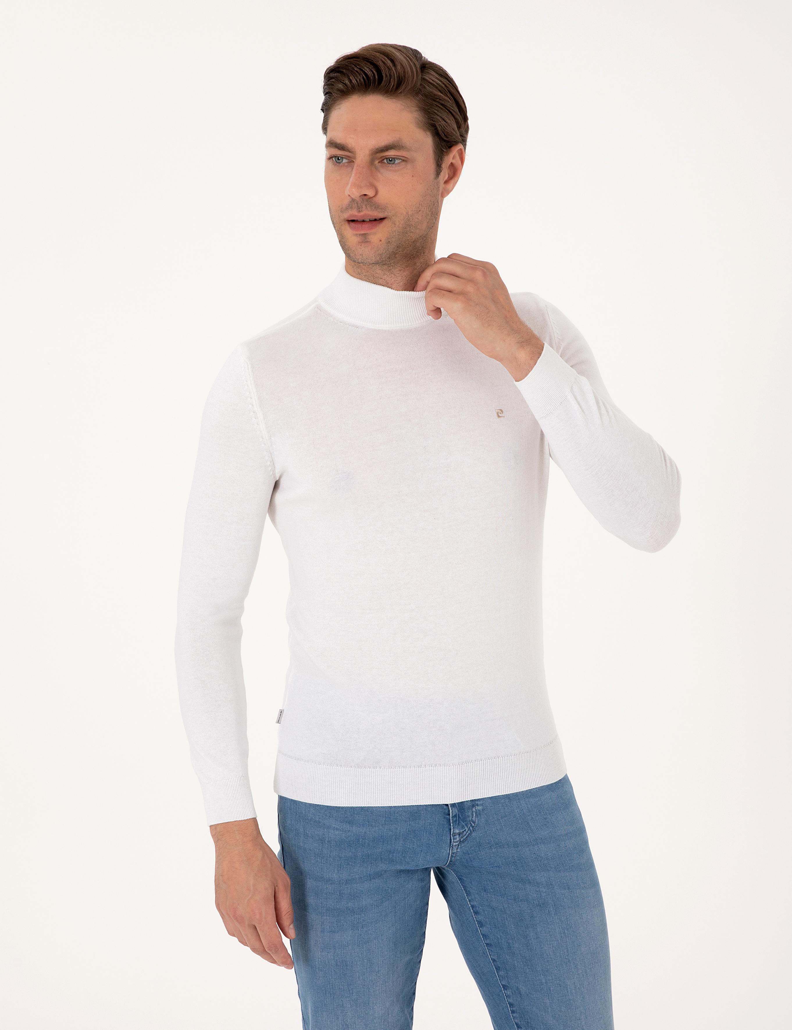 Ekru Slim Fit Yarım Balıkçı Yaka Basic Triko Kazak