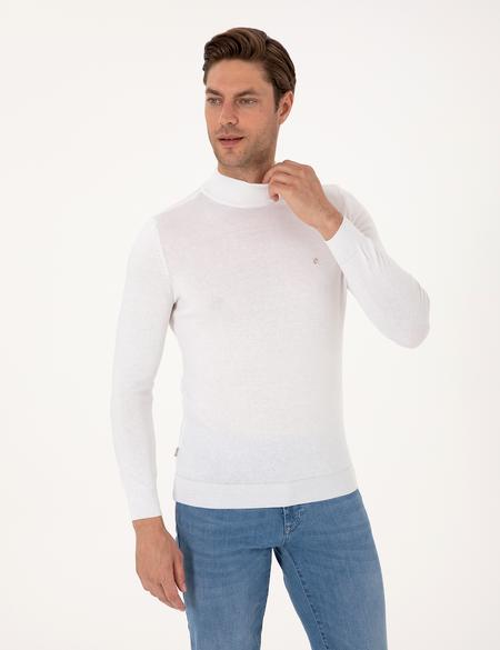 Ekru Slim Fit Yarım Balıkçı Yaka Basic Triko Kazak - 50314176076