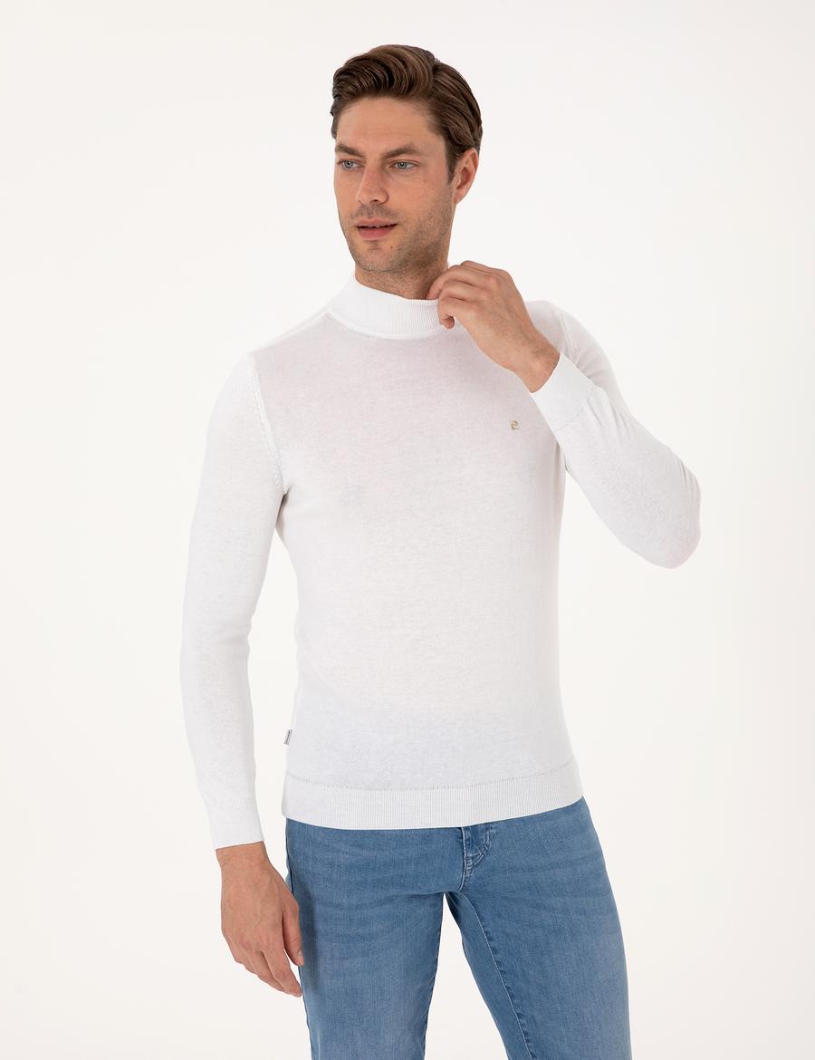 Ekru Slim Fit Yarım Balıkçı Yaka Basic Triko Kazak