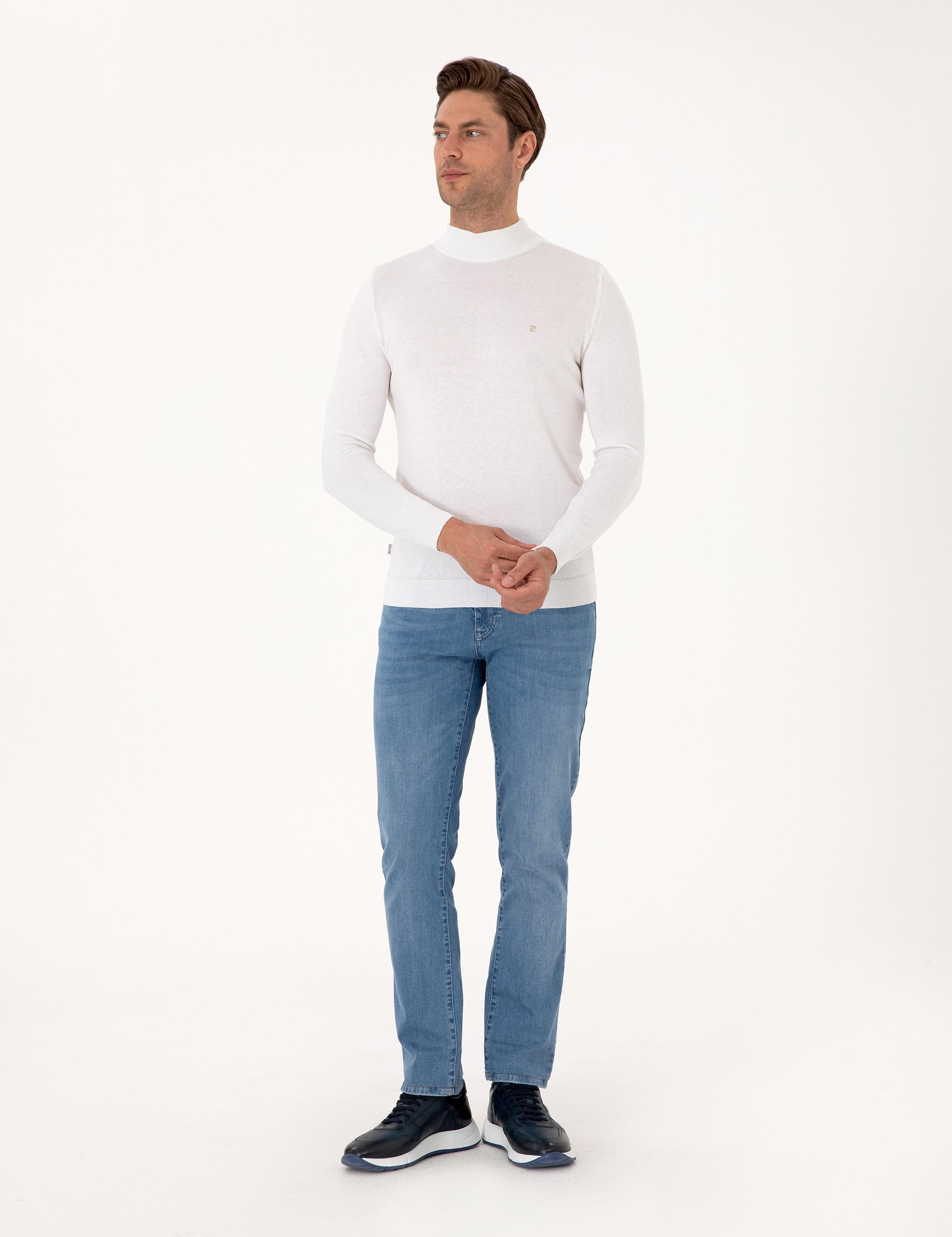 Ekru Slim Fit Yarım Balıkçı Yaka Basic Triko Kazak