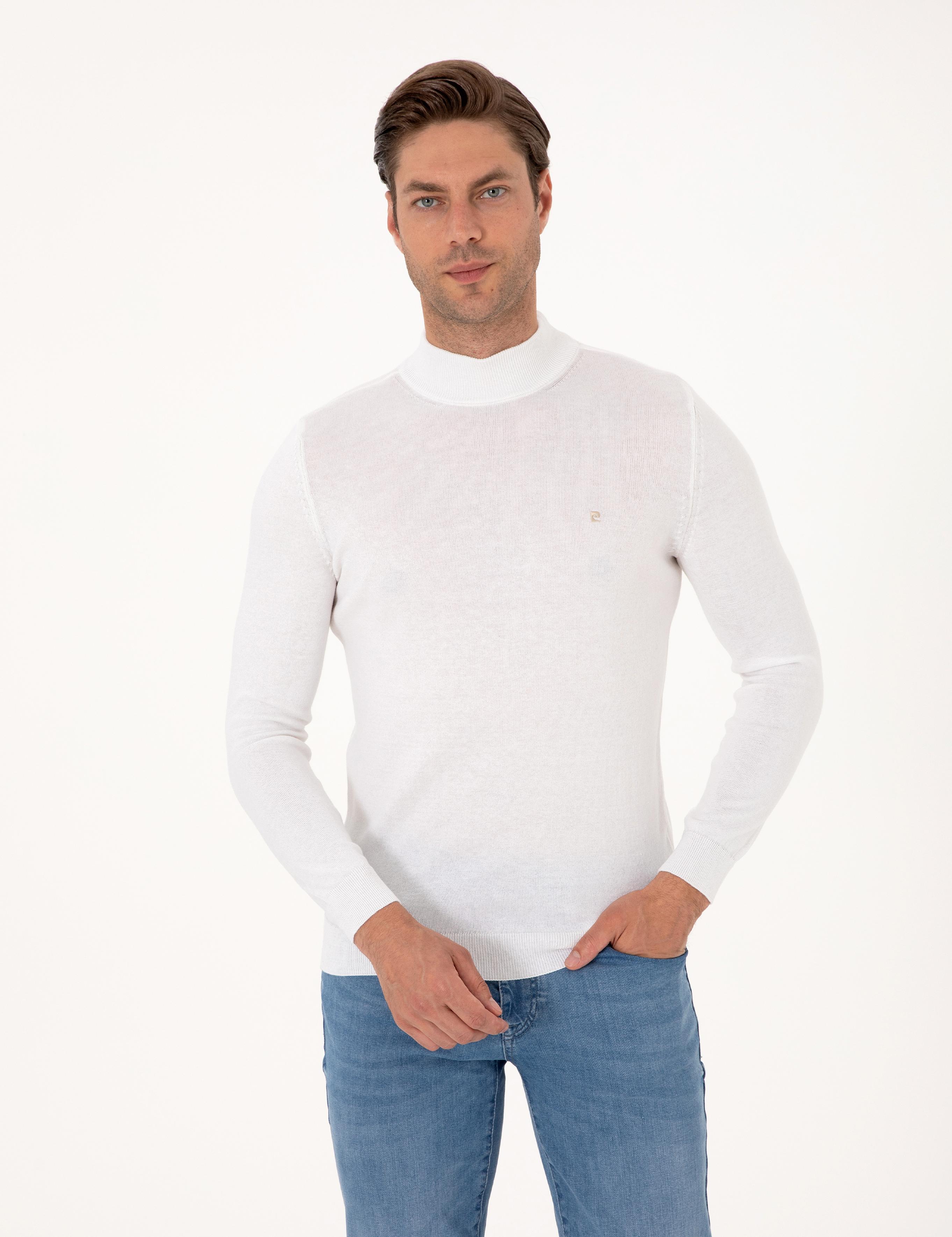 Ekru Slim Fit Yarım Balıkçı Yaka Basic Triko Kazak