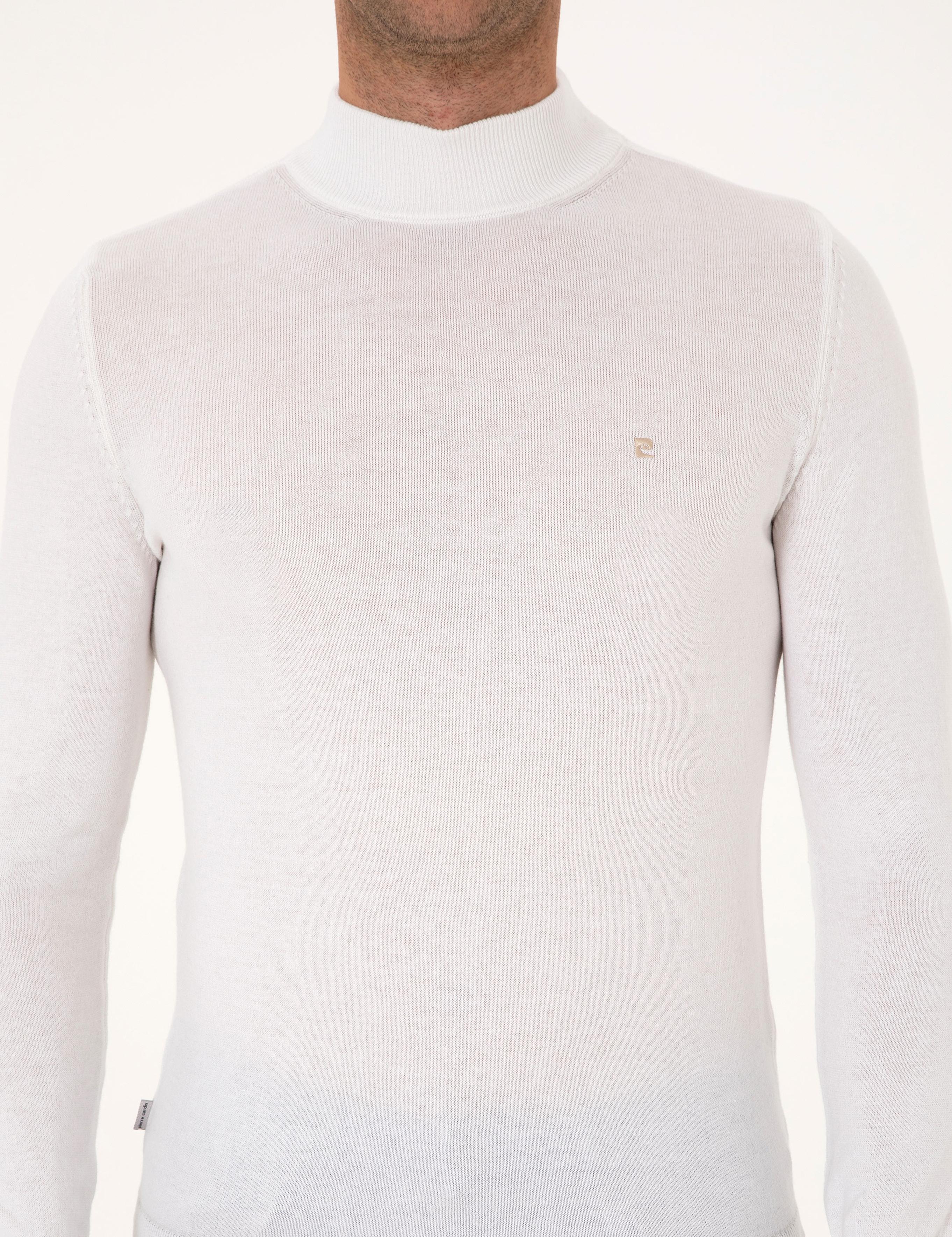 Ekru Slim Fit Yarım Balıkçı Yaka Basic Triko Kazak