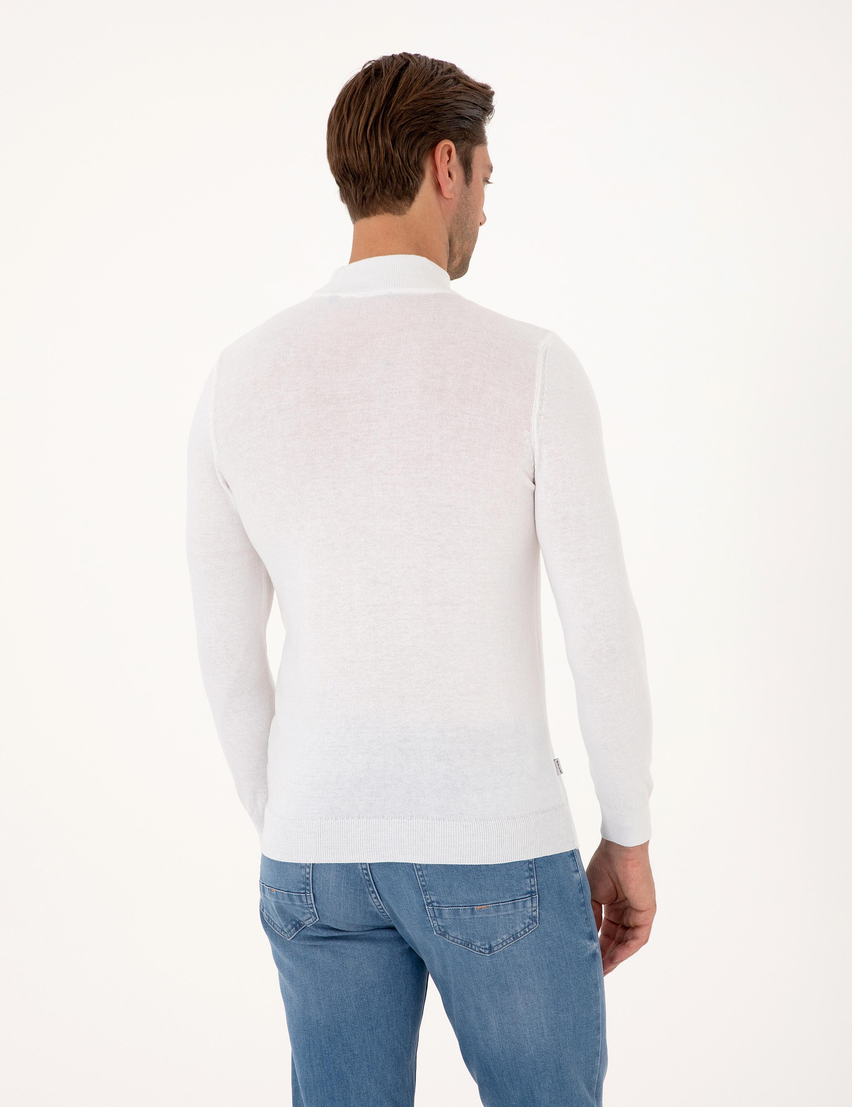 Ekru Slim Fit Yarım Balıkçı Yaka Basic Triko Kazak