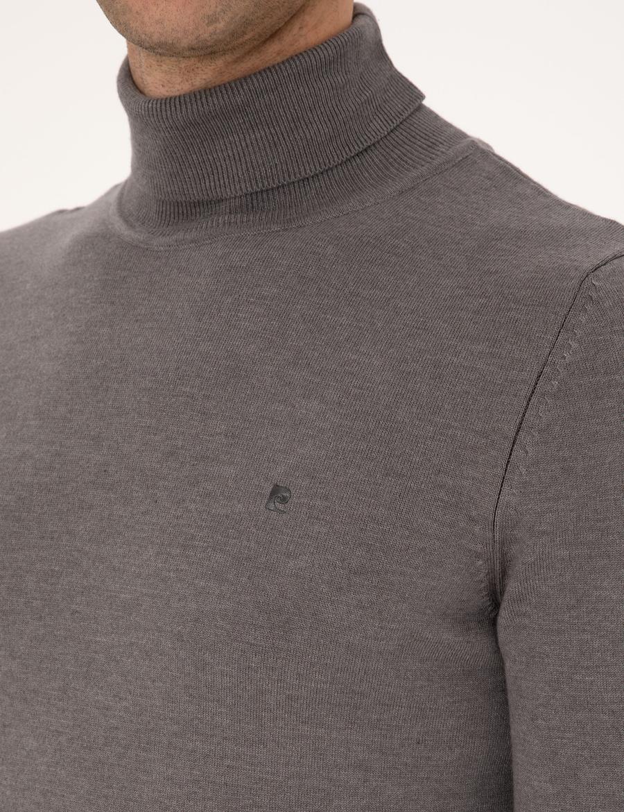 Gri Melanj Slim Fit Balıkçı Yaka Basic Triko Kazak