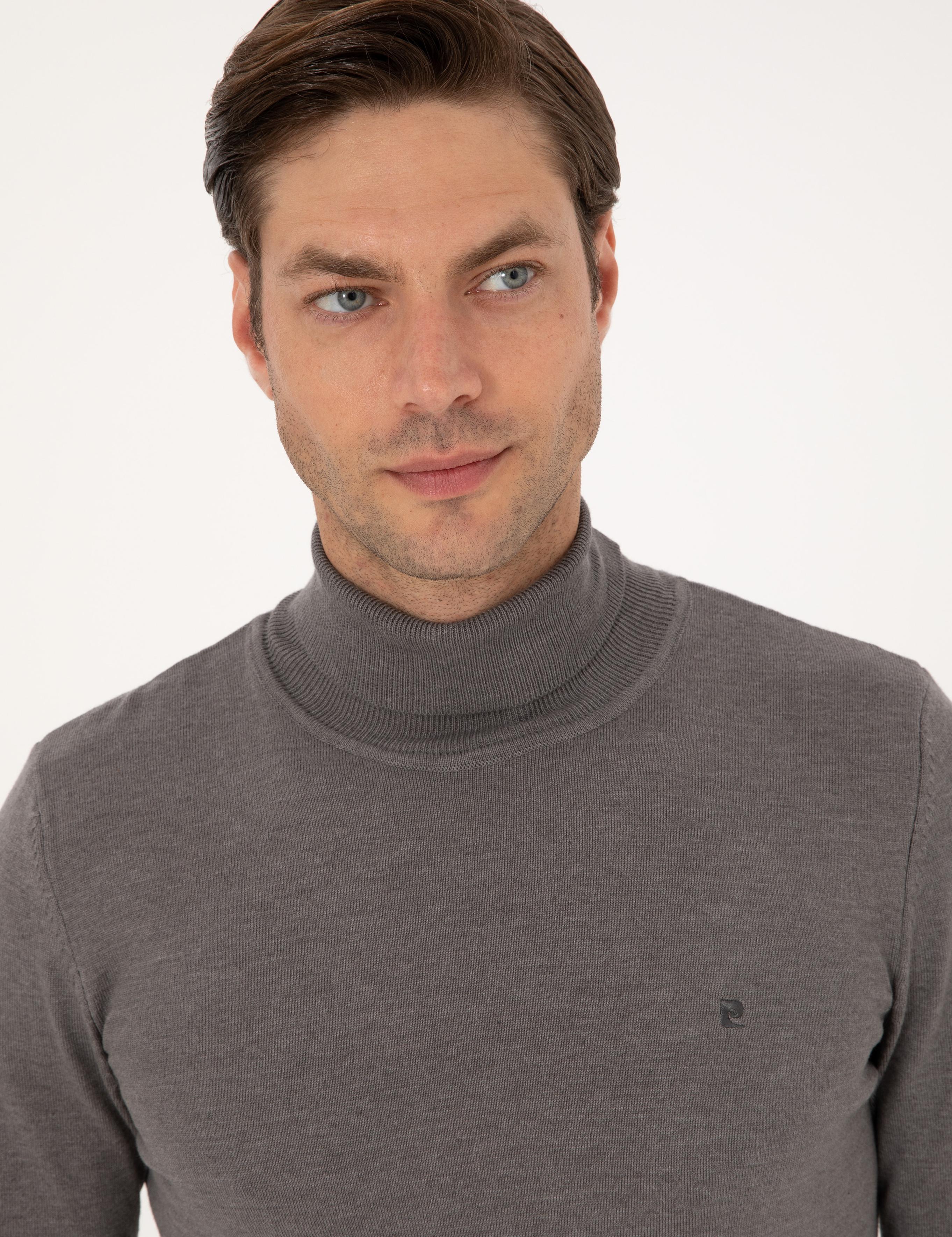 Gri Melanj Slim Fit Balıkçı Yaka Basic Triko Kazak