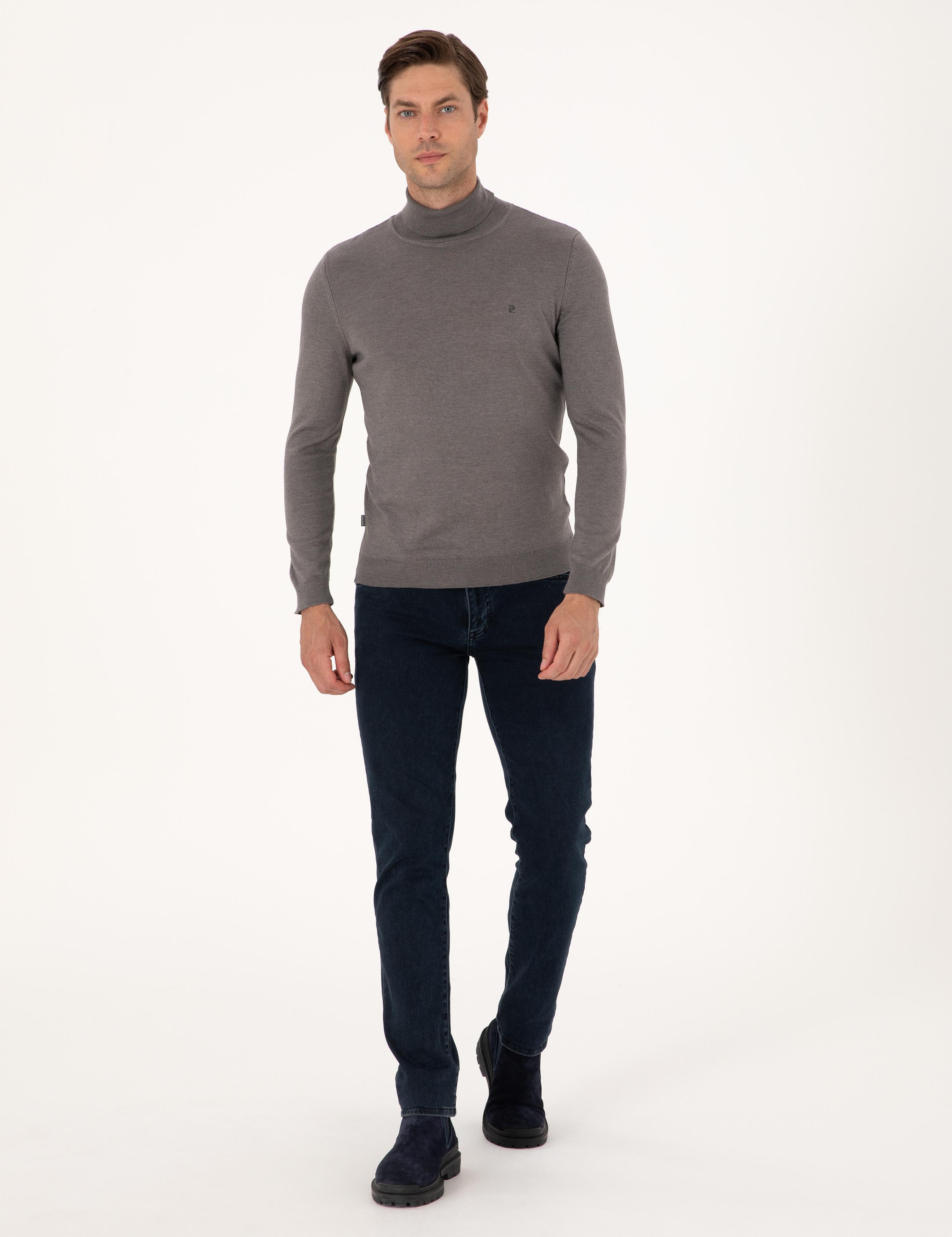 Gri Melanj Slim Fit Balıkçı Yaka Basic Triko Kazak