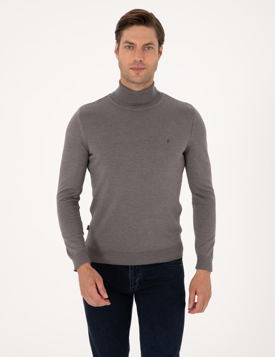 Gri Melanj Slim Fit Balıkçı Yaka Basic Triko Kazak