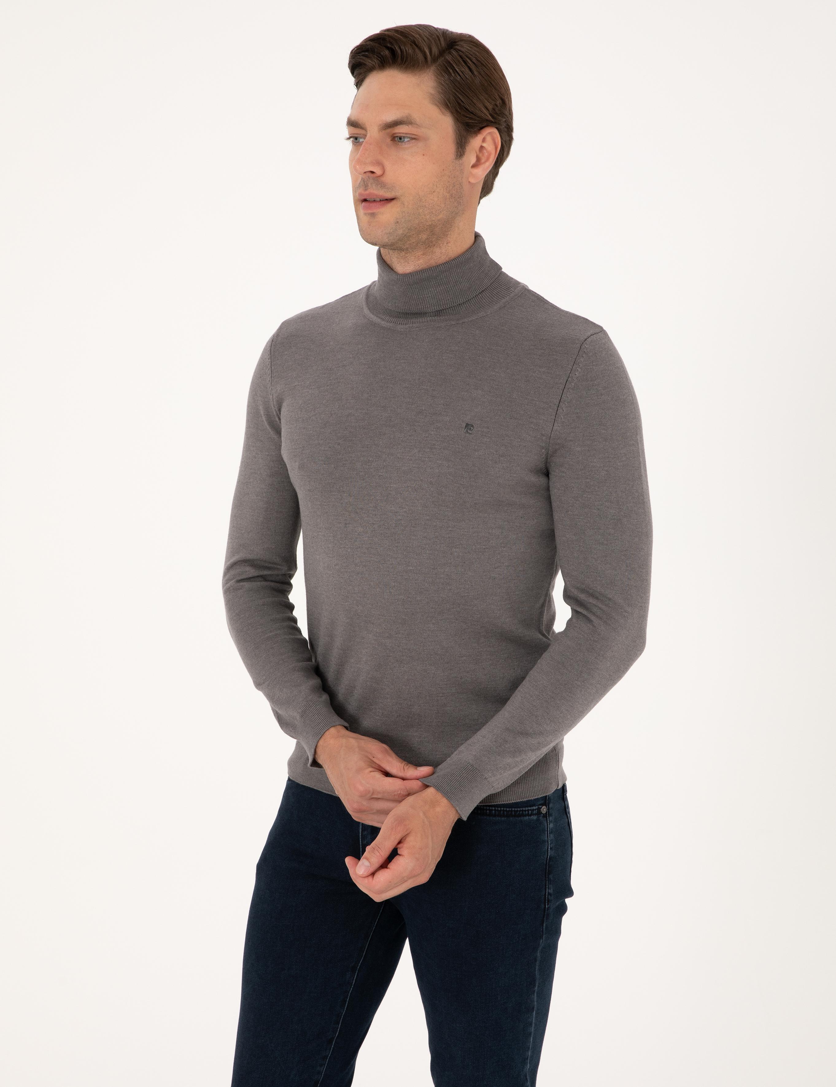 Gri Melanj Slim Fit Balıkçı Yaka Basic Triko Kazak